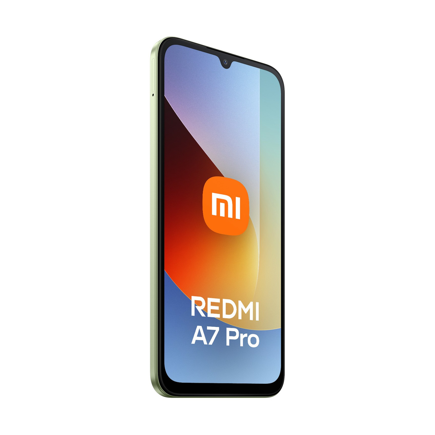 Uno smartphone Xiaomi Redmi A7 Pro verde chiaro con logo arancione.