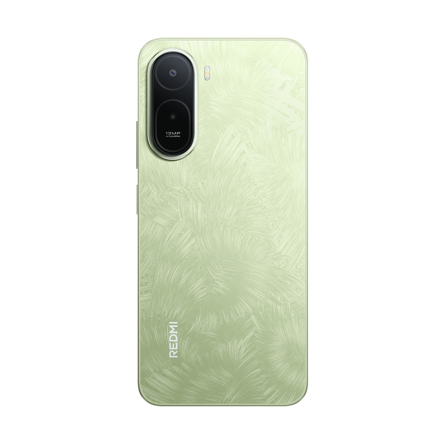 Uno smartphone verde chiaro con motivo testurizzato e doppia fotocamera sul retro.