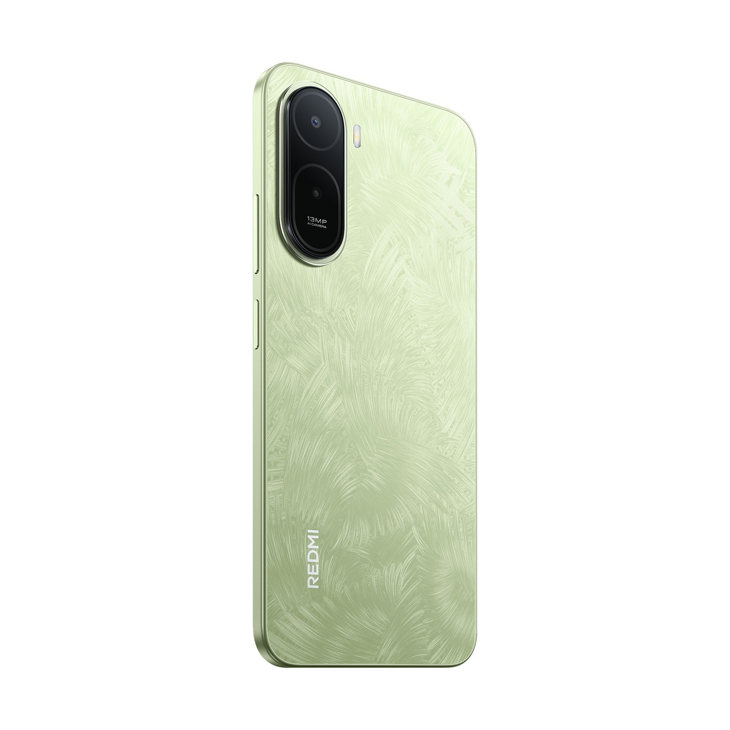 Uno smartphone verde chiaro con retro fantasia e due fotocamere.