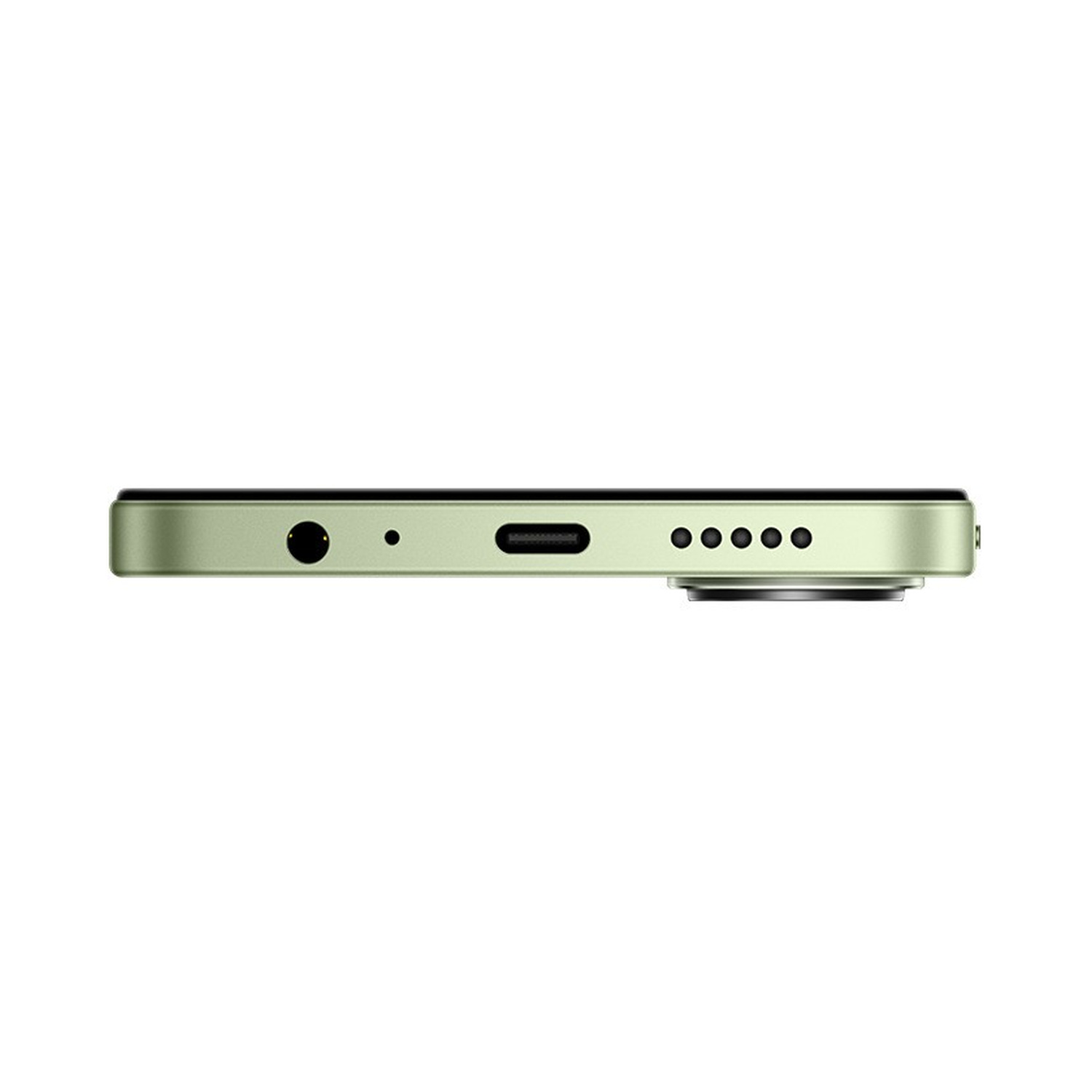 Smartphone verde con porte e griglia altoparlante.