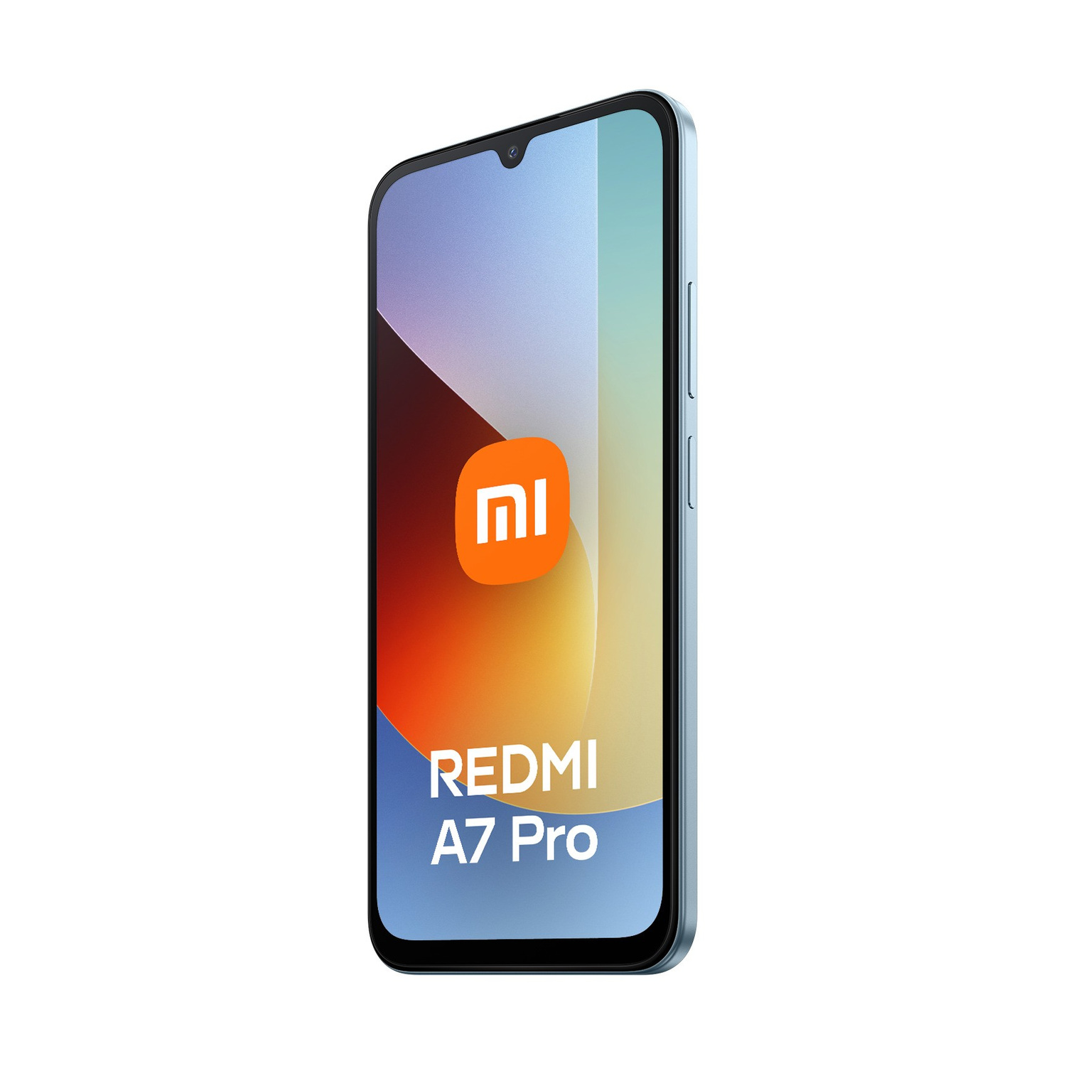 Uno smartphone azzurro che mostra il logo Mi e la scritta REDMI A7 Pro.