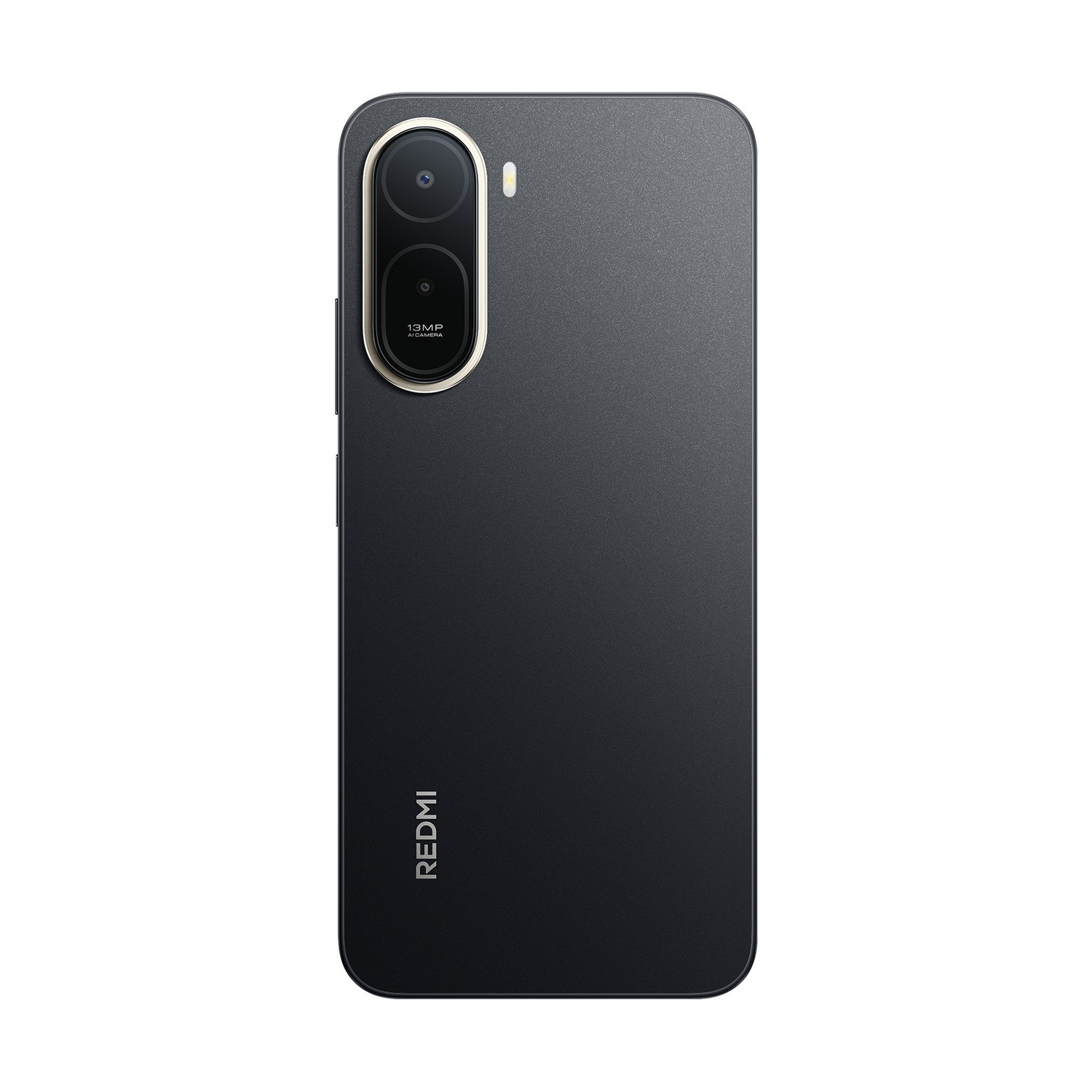 Smartphone grigio scuro con doppia fotocamera verticale e logo Redmi.