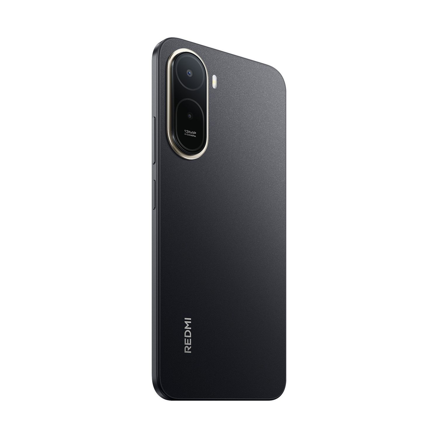 Smartphone grigio scuro con due fotocamere e logo Redmi.