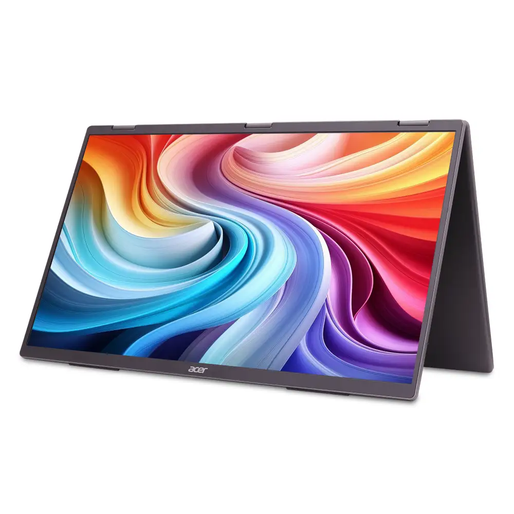Ein geöffneter grauer Acer Laptop mit einem bunten abstrakten Hintergrund auf dem Bildschirm.