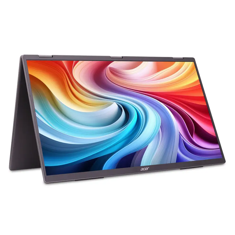 Ein graues Acer-Notebook im Zeltmodus mit einem bunten, wirbelnden Hintergrund.