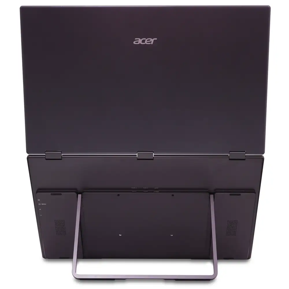Dunkelgrauer Acer-Laptop, der nach hinten geklappt ist, mit Ständer.