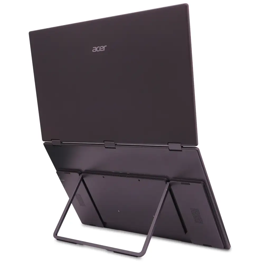 Ein dunkler Acer Laptop, der auf einem Ständer steht, mit dem Bildschirm nach oben geklappt.