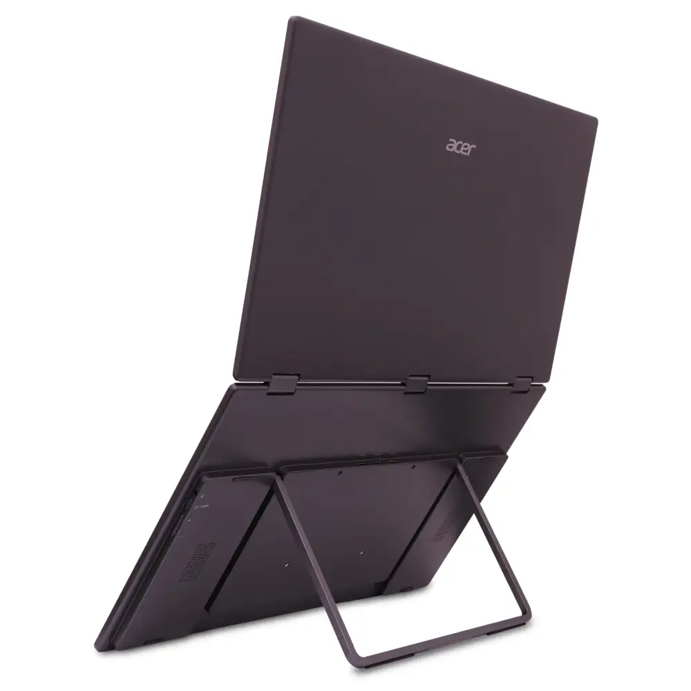 Ein dunkler Acer Laptop steht auf einem Ständer, der im 45-Grad-Winkel geöffnet ist.