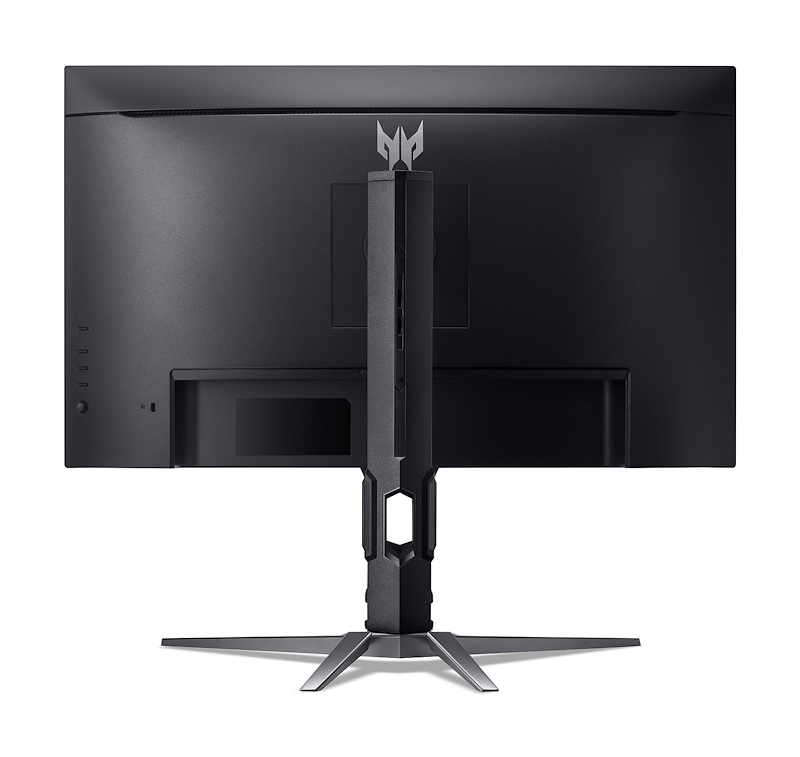 Fekete monitor hátulnézete, elegáns állvánnyal és Predator logóval.