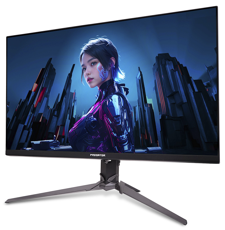 Cyberpunk figura egy monitoron, stilizált városi háttér előtt.