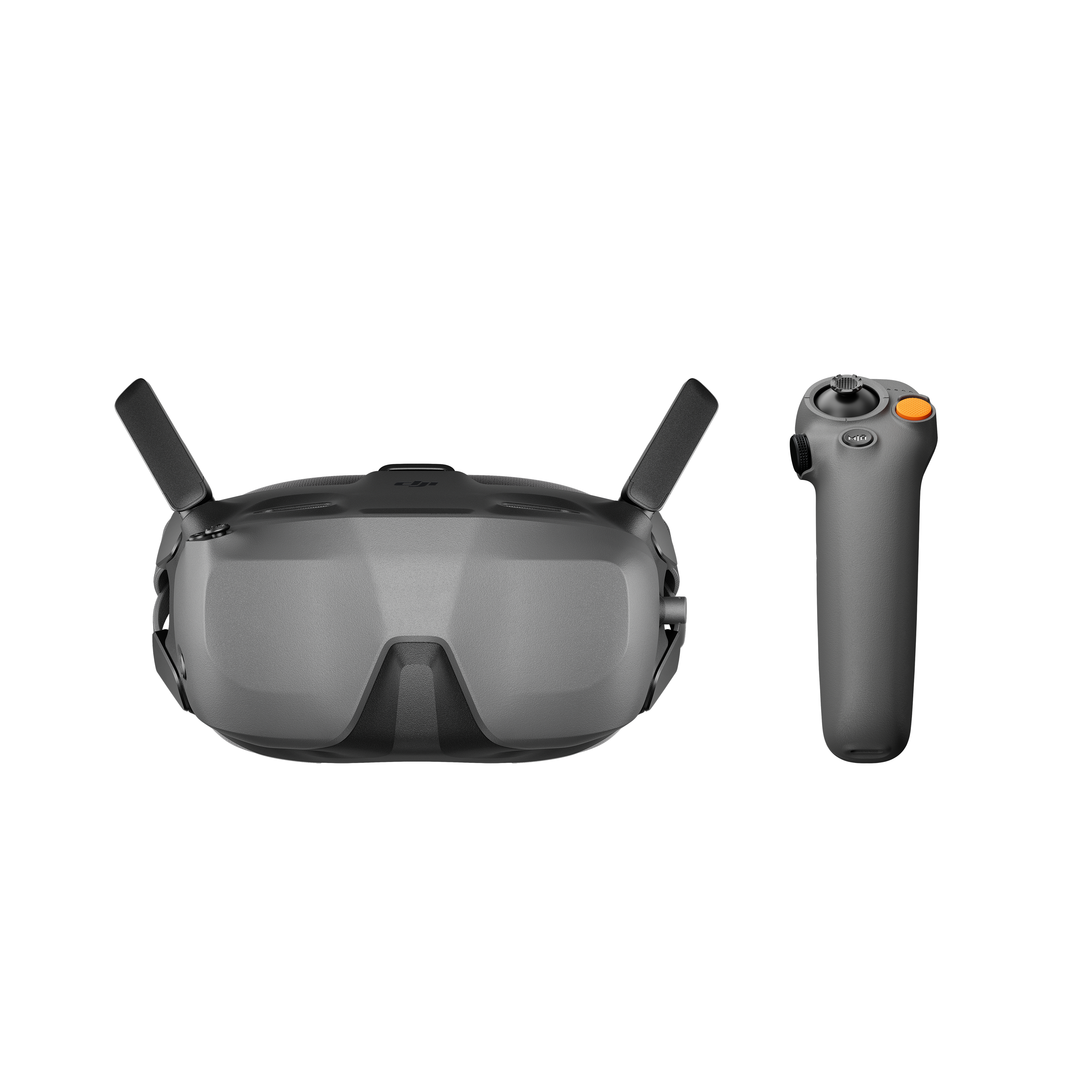 Graue FPV-Brille und Controller auf weißem Hintergrund.