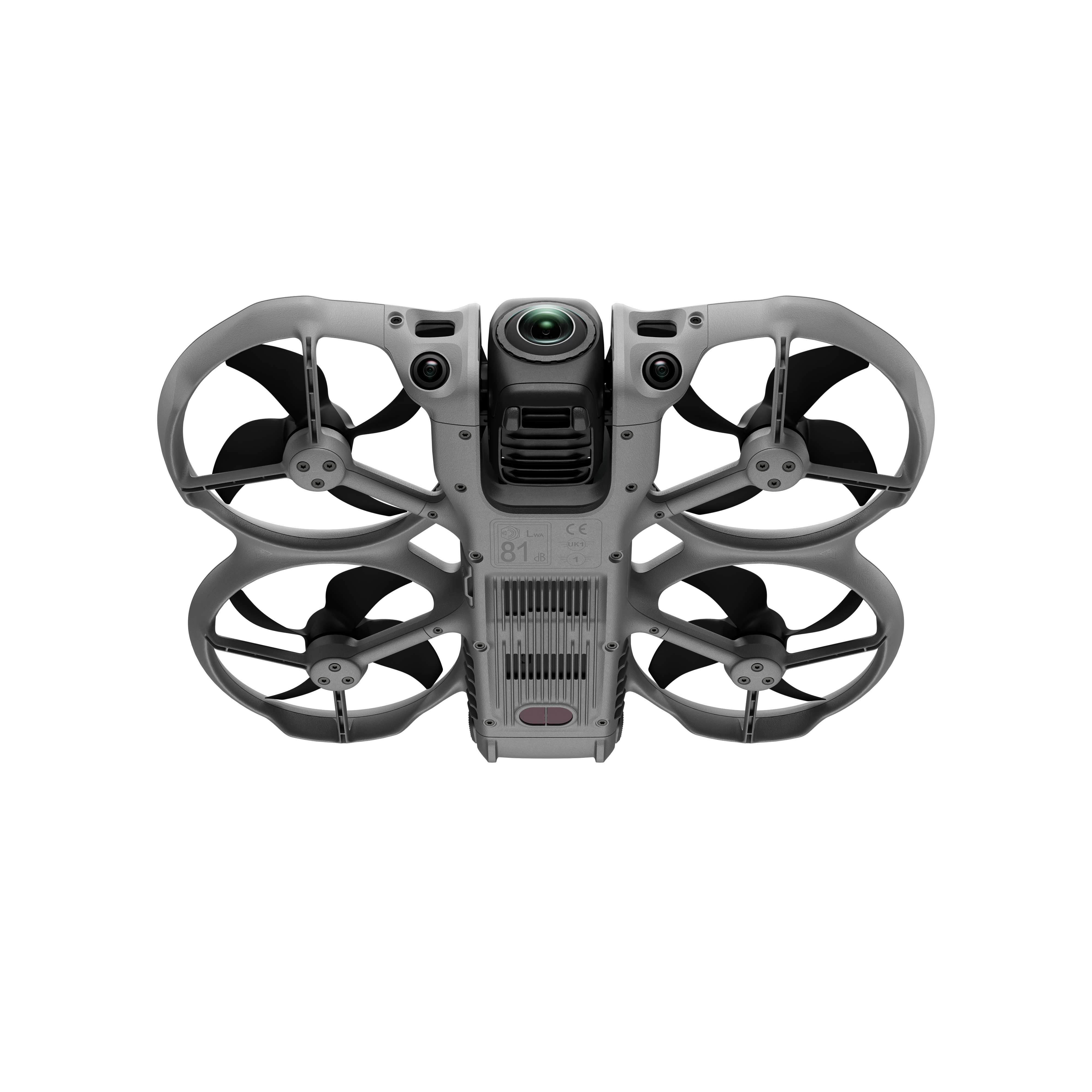 Grauer Quadcopter mit Kamera, Propellern und Lüftungsschlitzen.