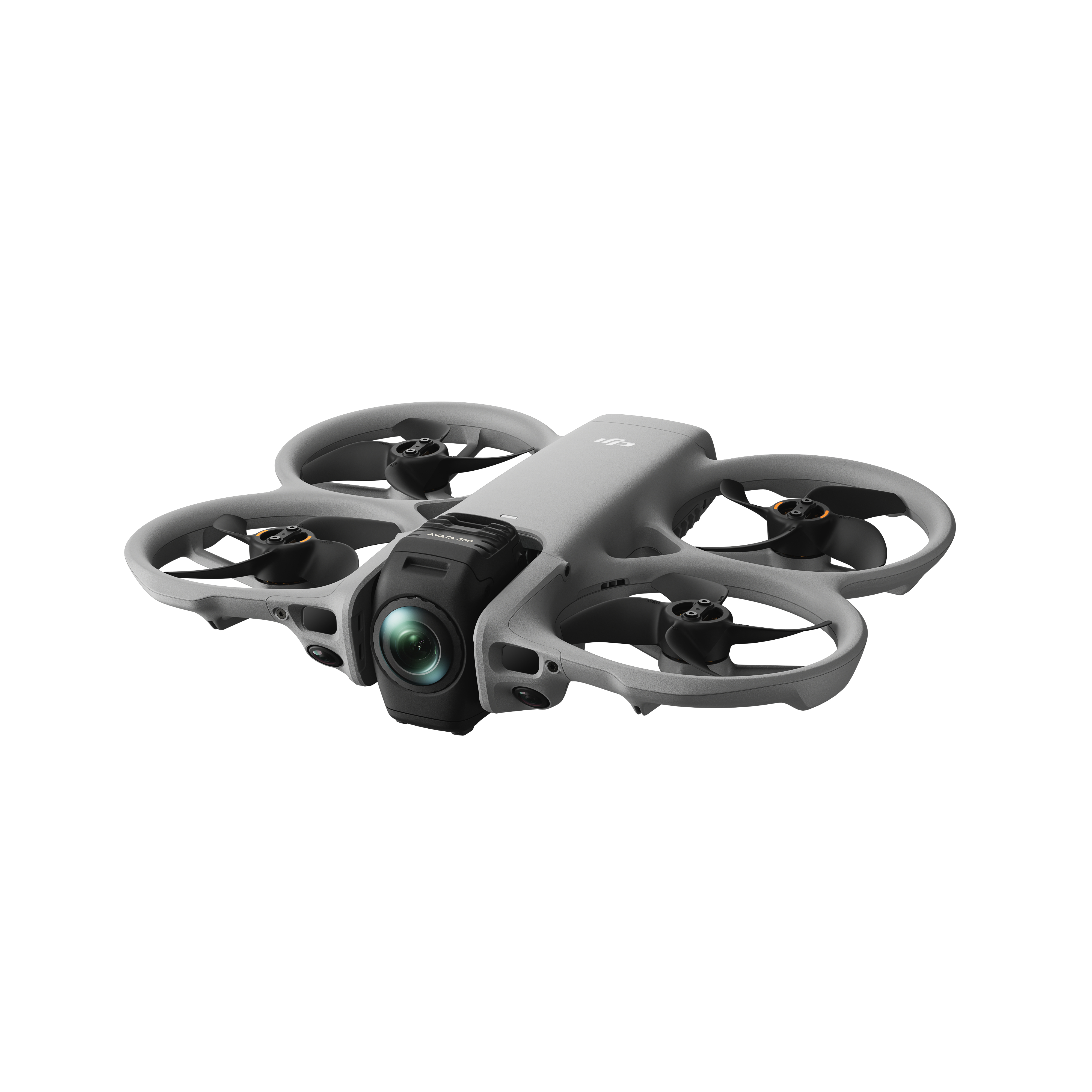 Ein grauer DJI Avata Drohne mit Kamera und Propellern auf weißem Hintergrund.