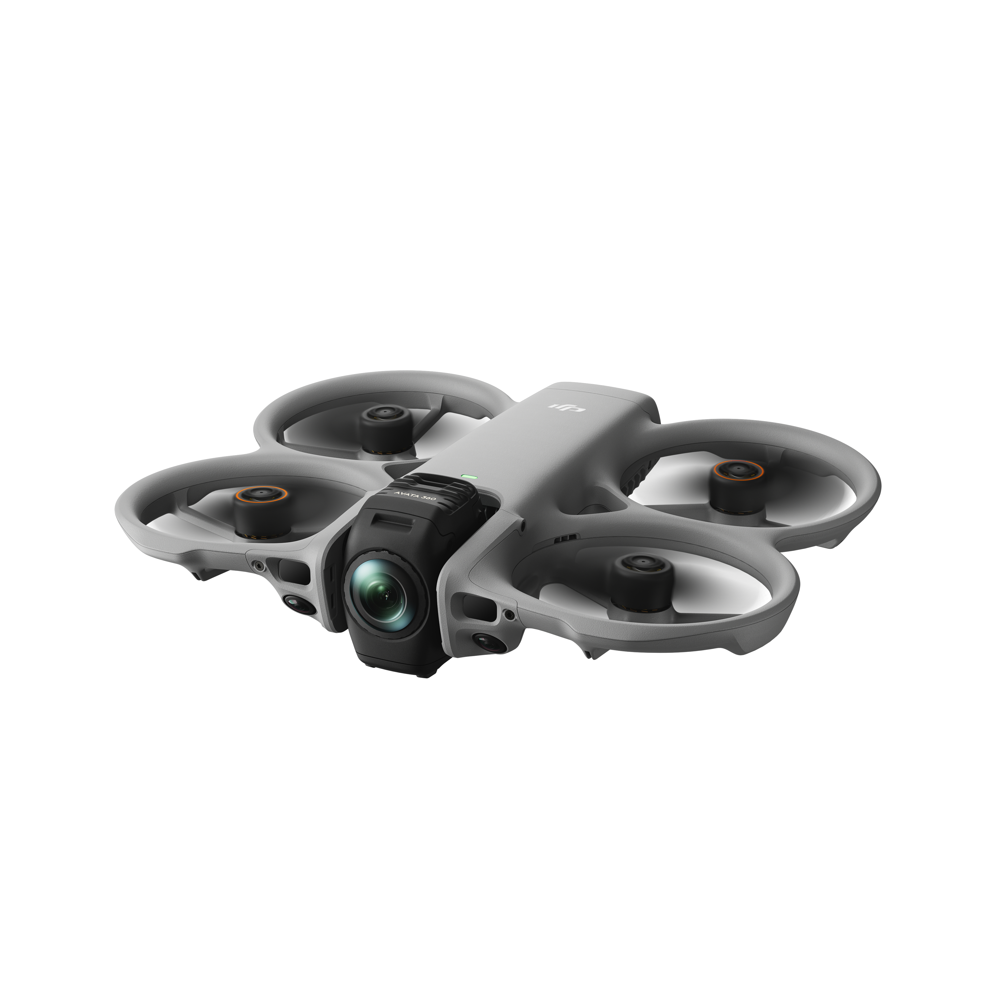 Grauer DJI Avata Drohne mit Kamera und Propellern.
