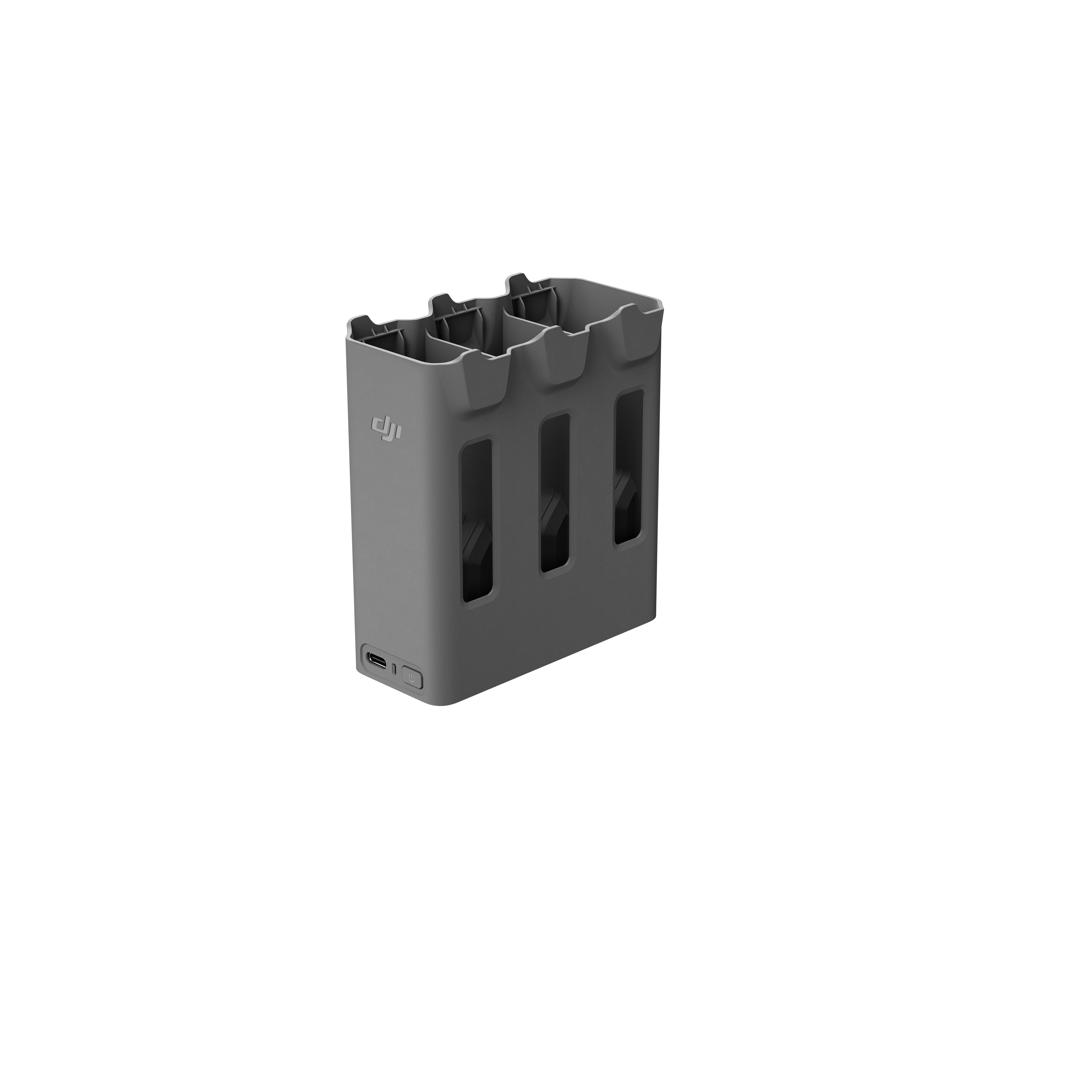 Grauer Akku-Ladehub mit drei Schlitzen und USB-Anschluss.