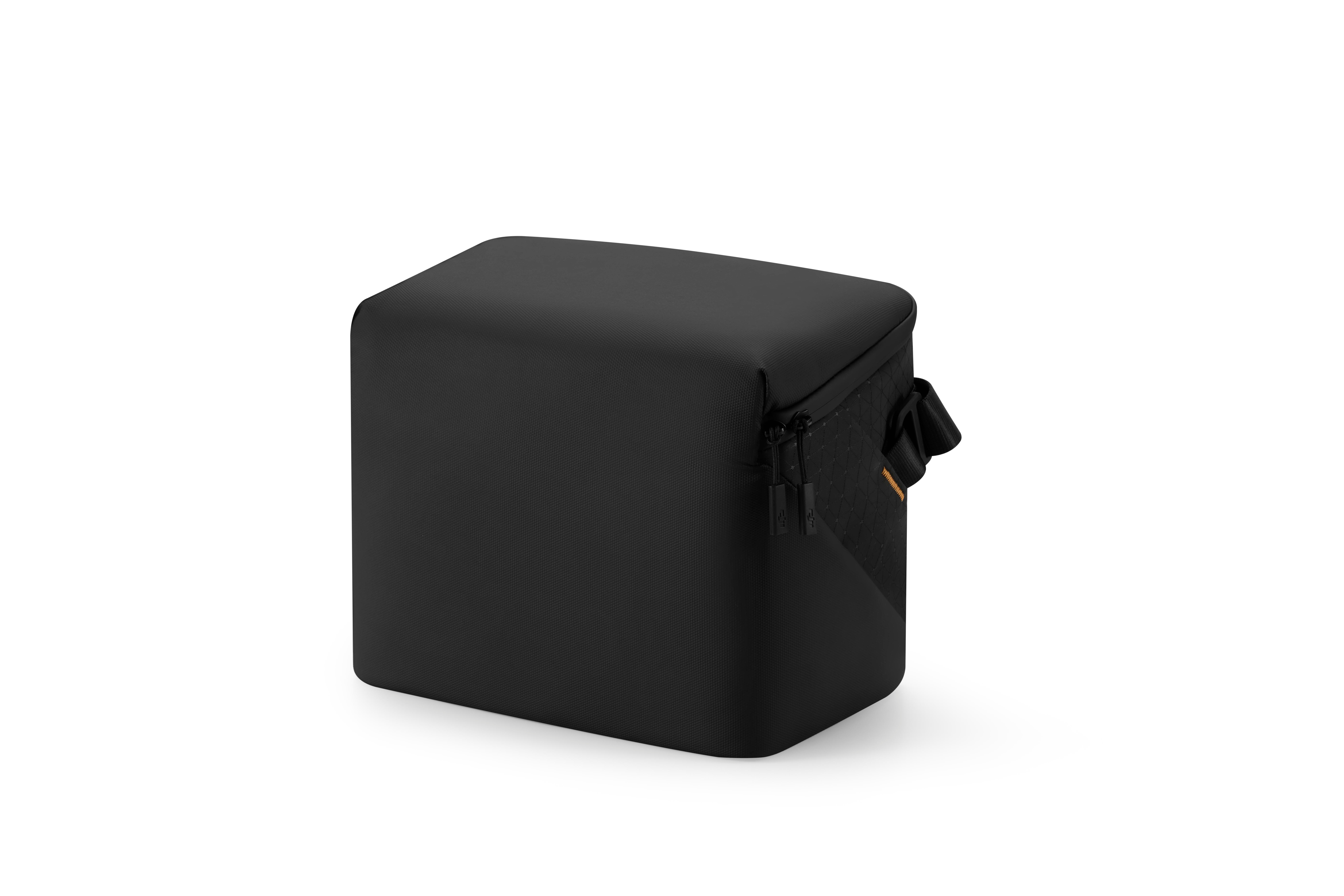 Schwarze Tasche mit Reißverschluss und Tragegriff, vor weißem Hintergrund.