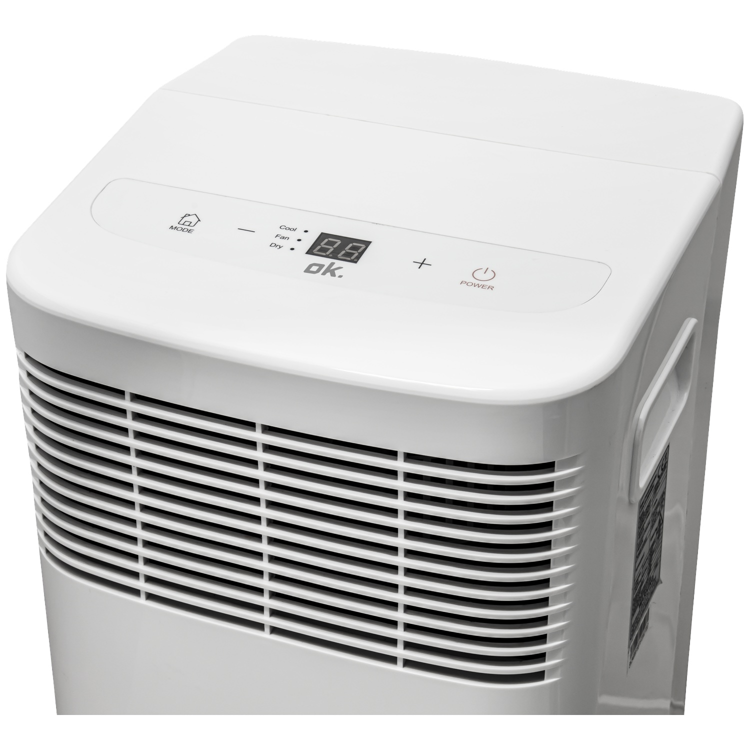 Climatiseur portable blanc avec écran numérique et évents horizontaux.
