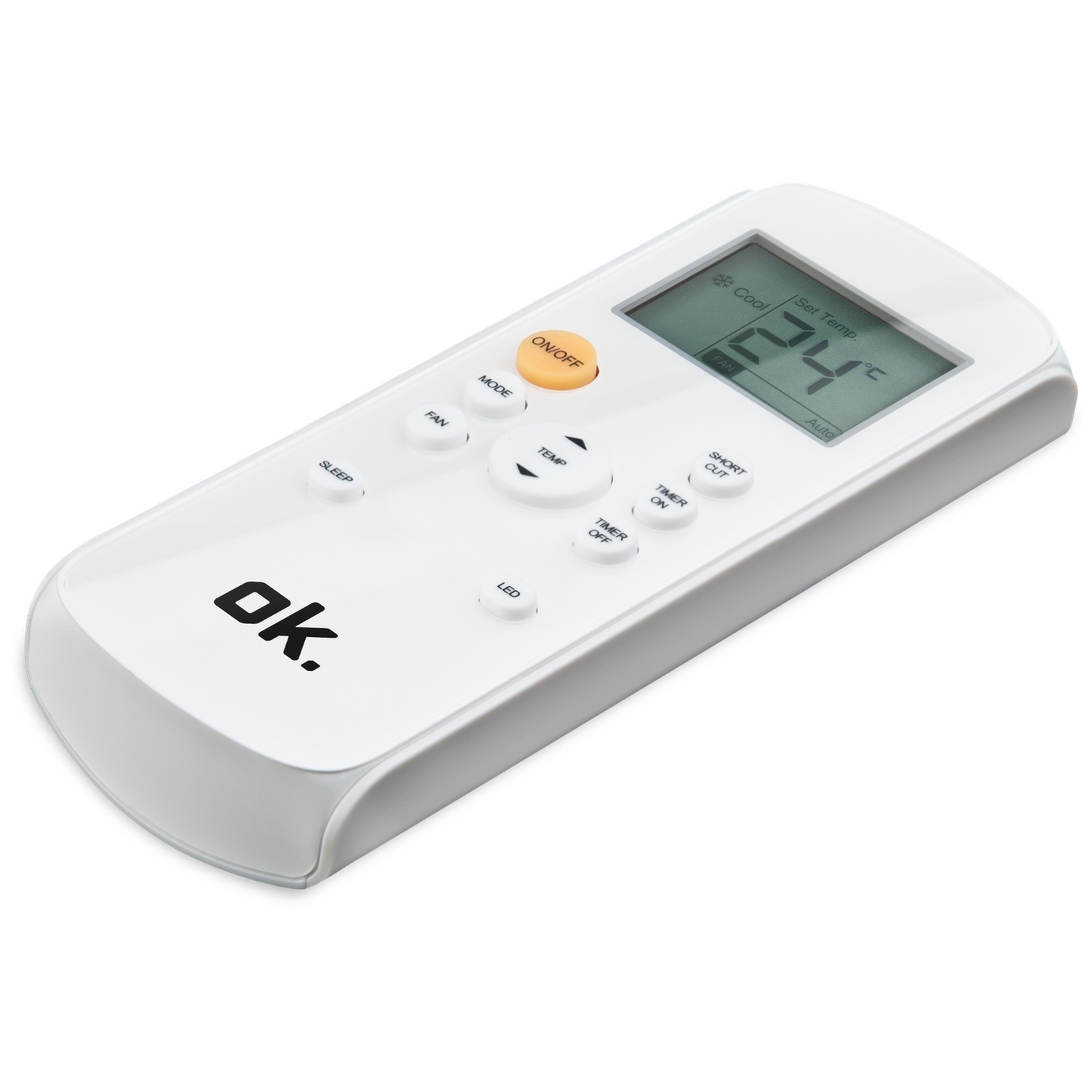 Une télécommande blanche avec logo 'ok.' et écran LCD affichant 24°C.