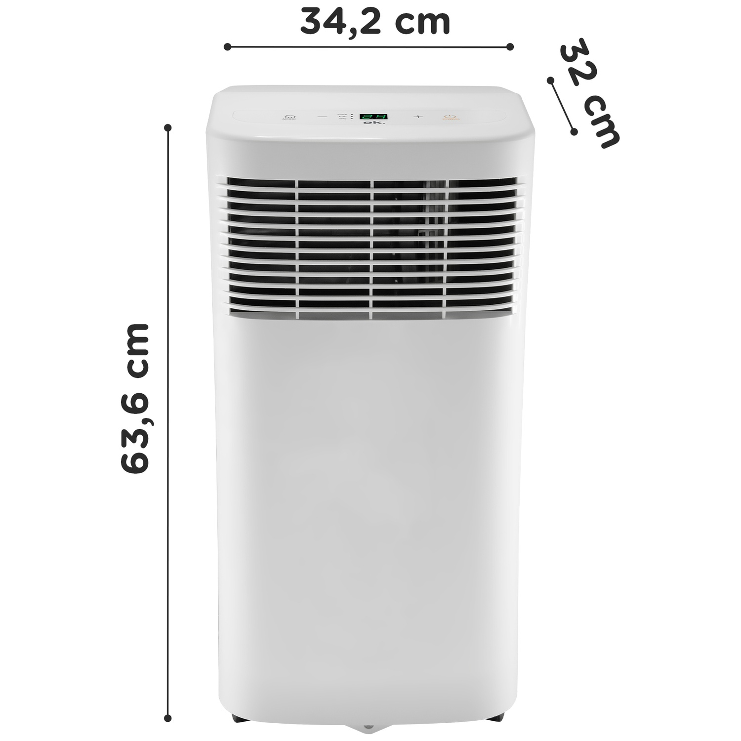 Un déshumidificateur blanc avec des dimensions de 34,2 cm, 63,6 cm et 32 cm.