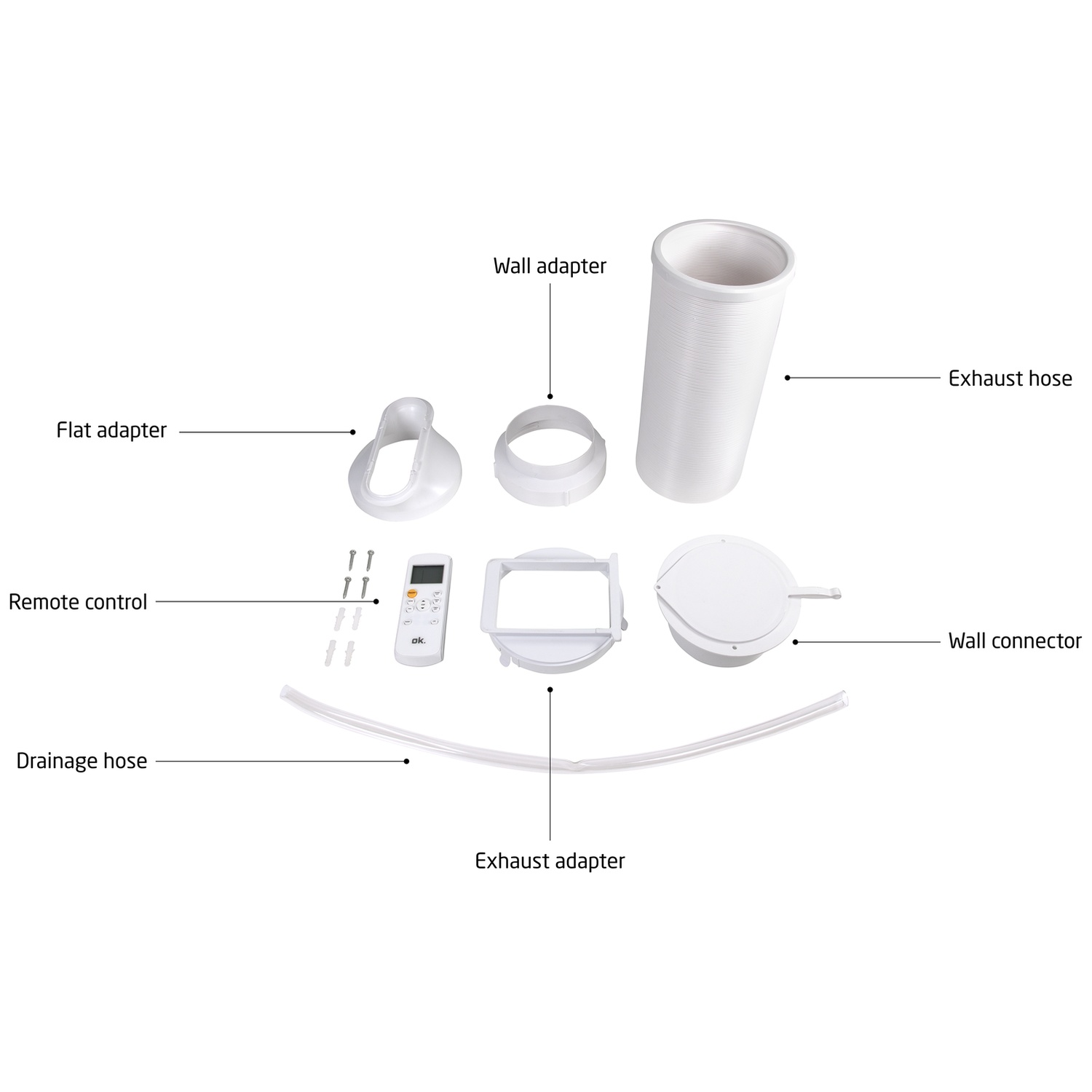 Kit d'accessoires pour climatiseur portable avec tuyaux, adaptateurs et télécommande.