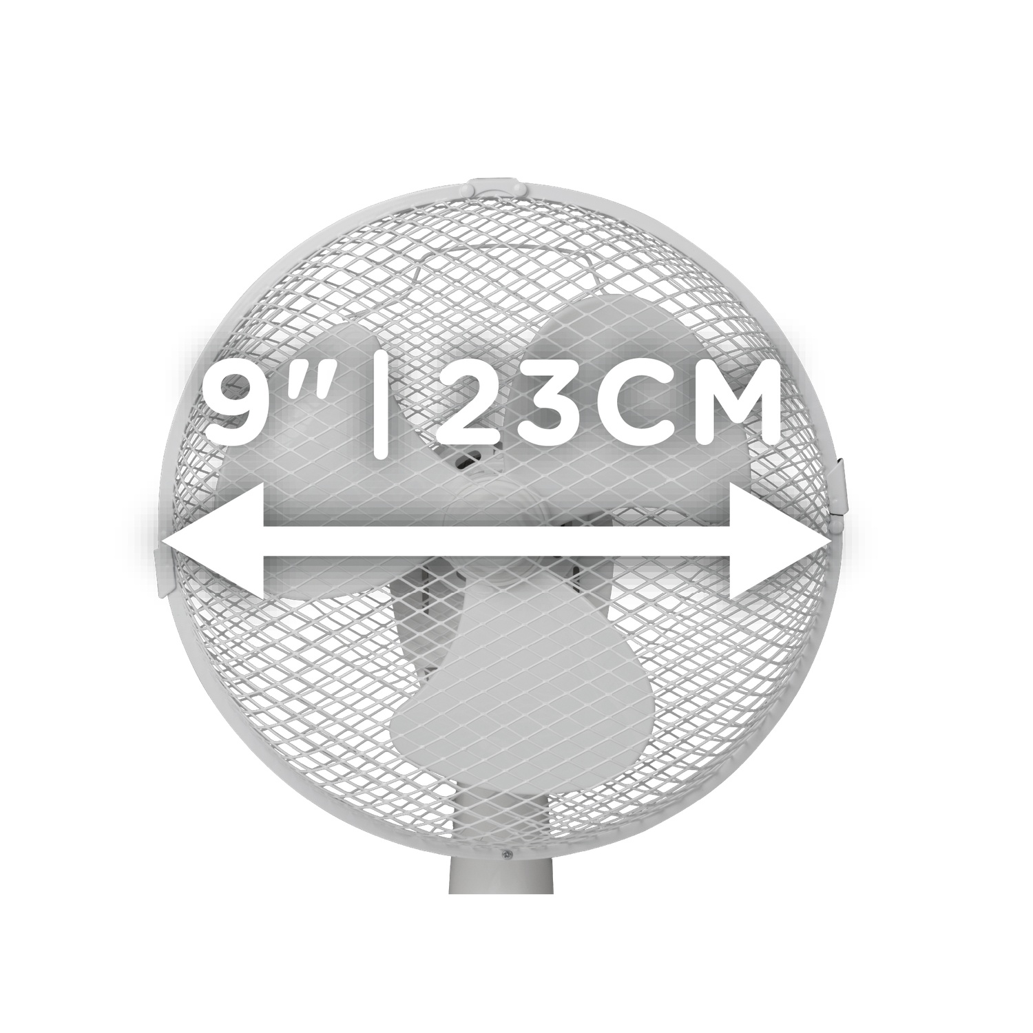 Ventilateur blanc de 23cm de diamètre, avec grille et pales.