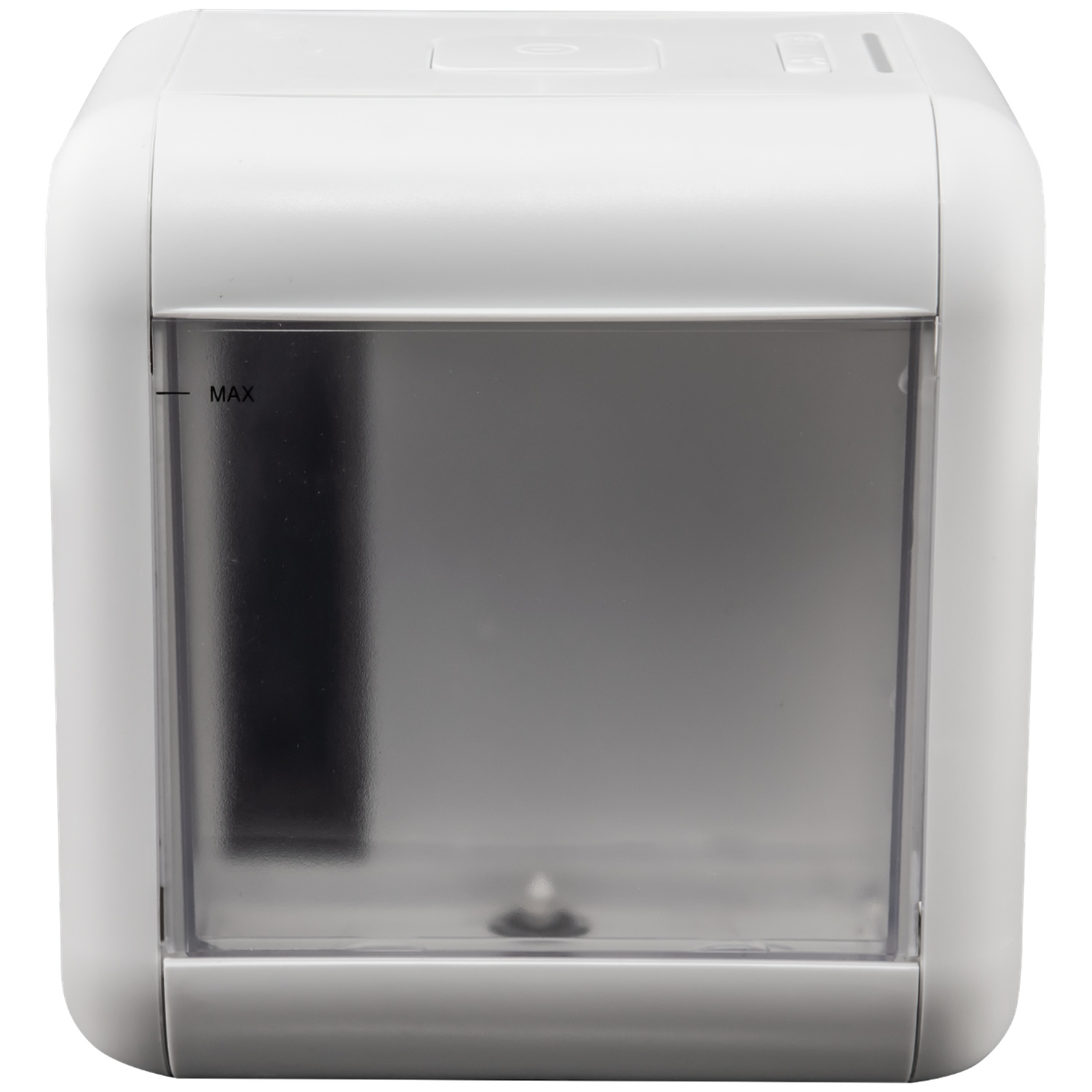 Un conteneur blanc en plastique avec une fenêtre transparente indiquant la ligne de remplissage max.