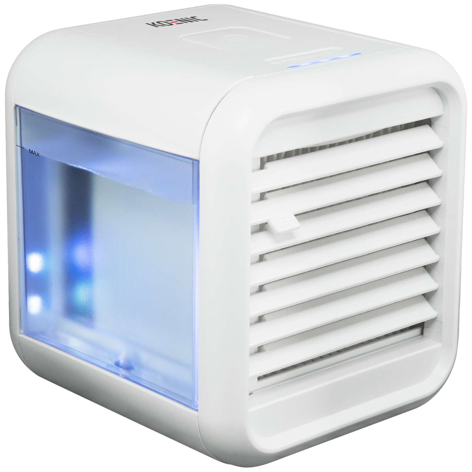 Un refroidisseur d'air portable blanc avec un réservoir d'eau éclairé en bleu.