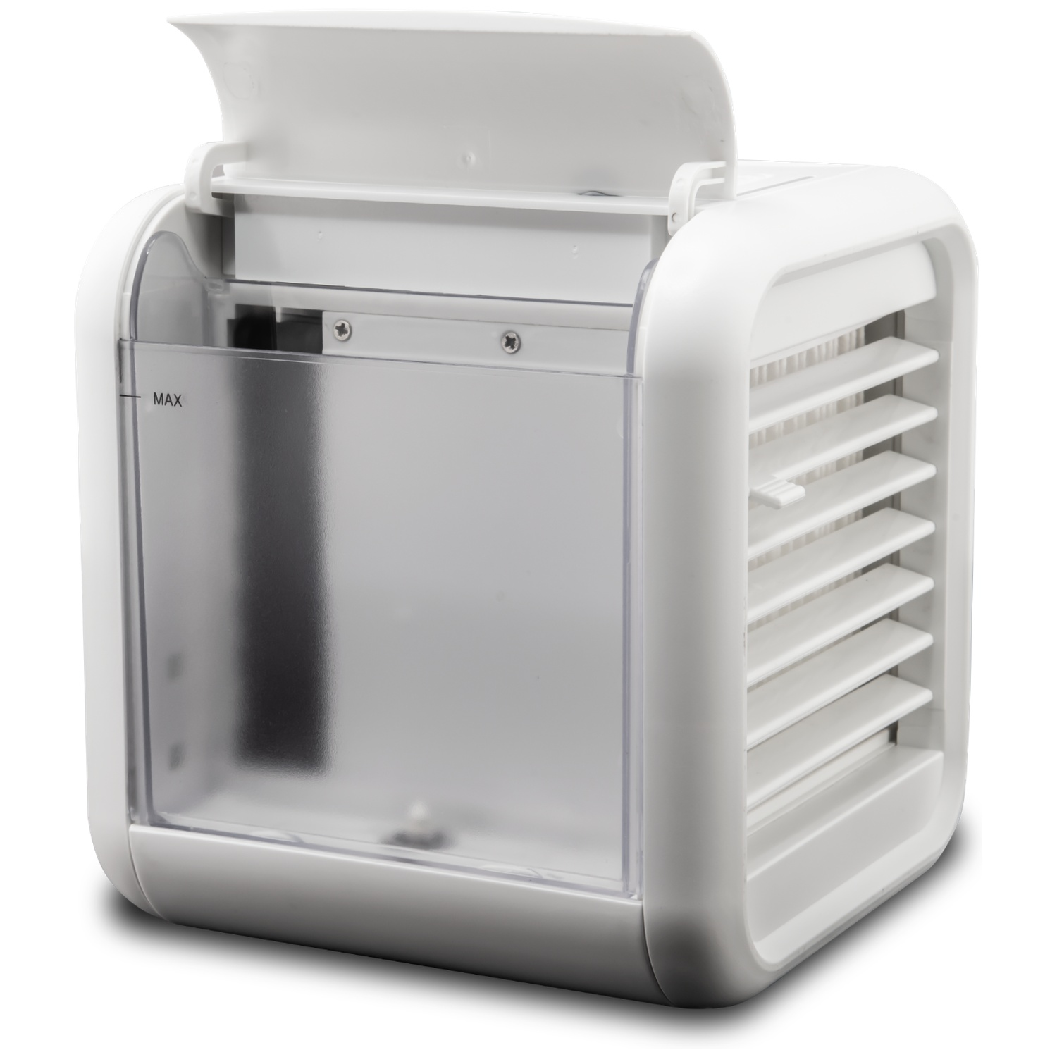Un mini-refroidisseur d'air portable blanc avec réservoir d'eau transparent.