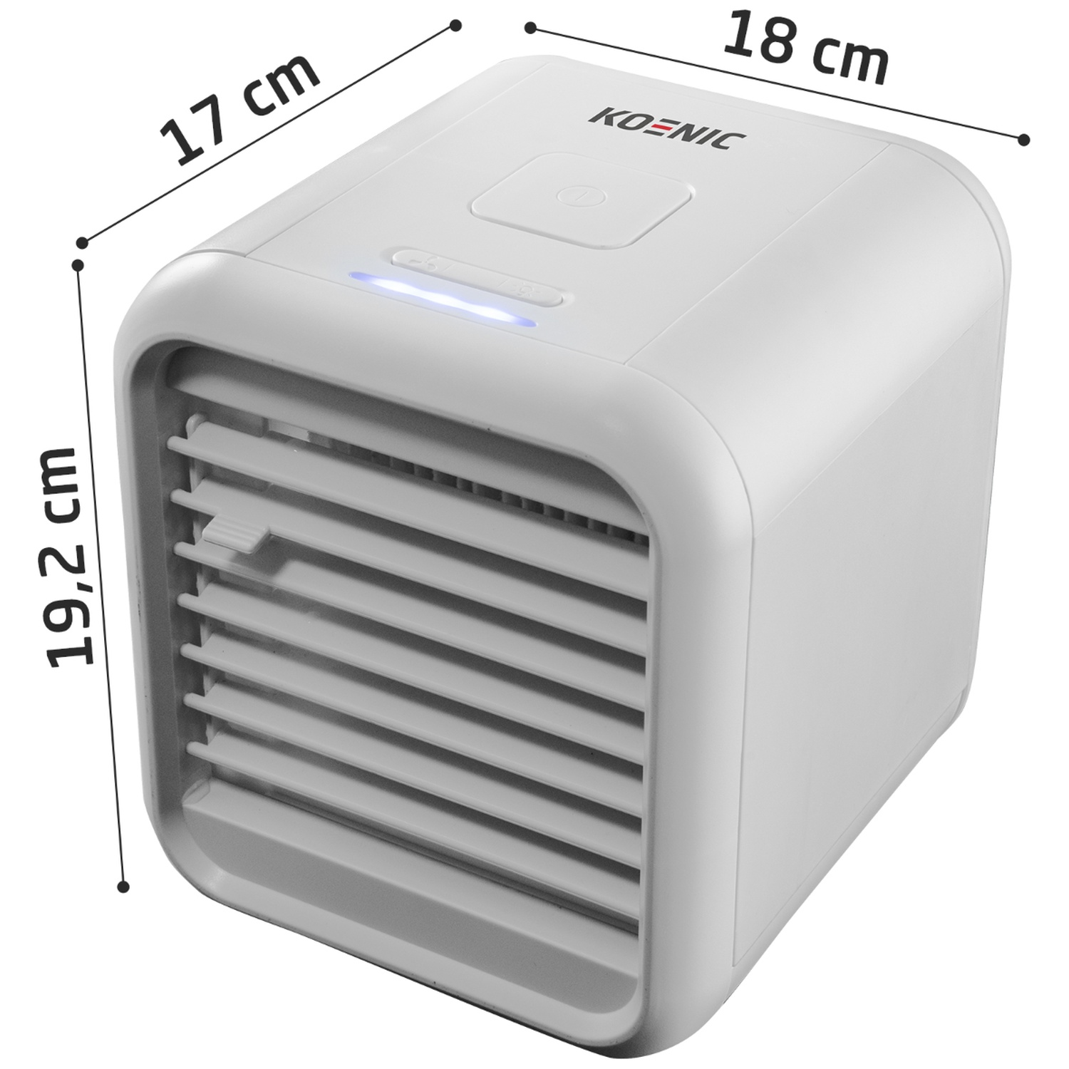 Un cube blanc de climatiseur portable avec aérations, montrant les dimensions.