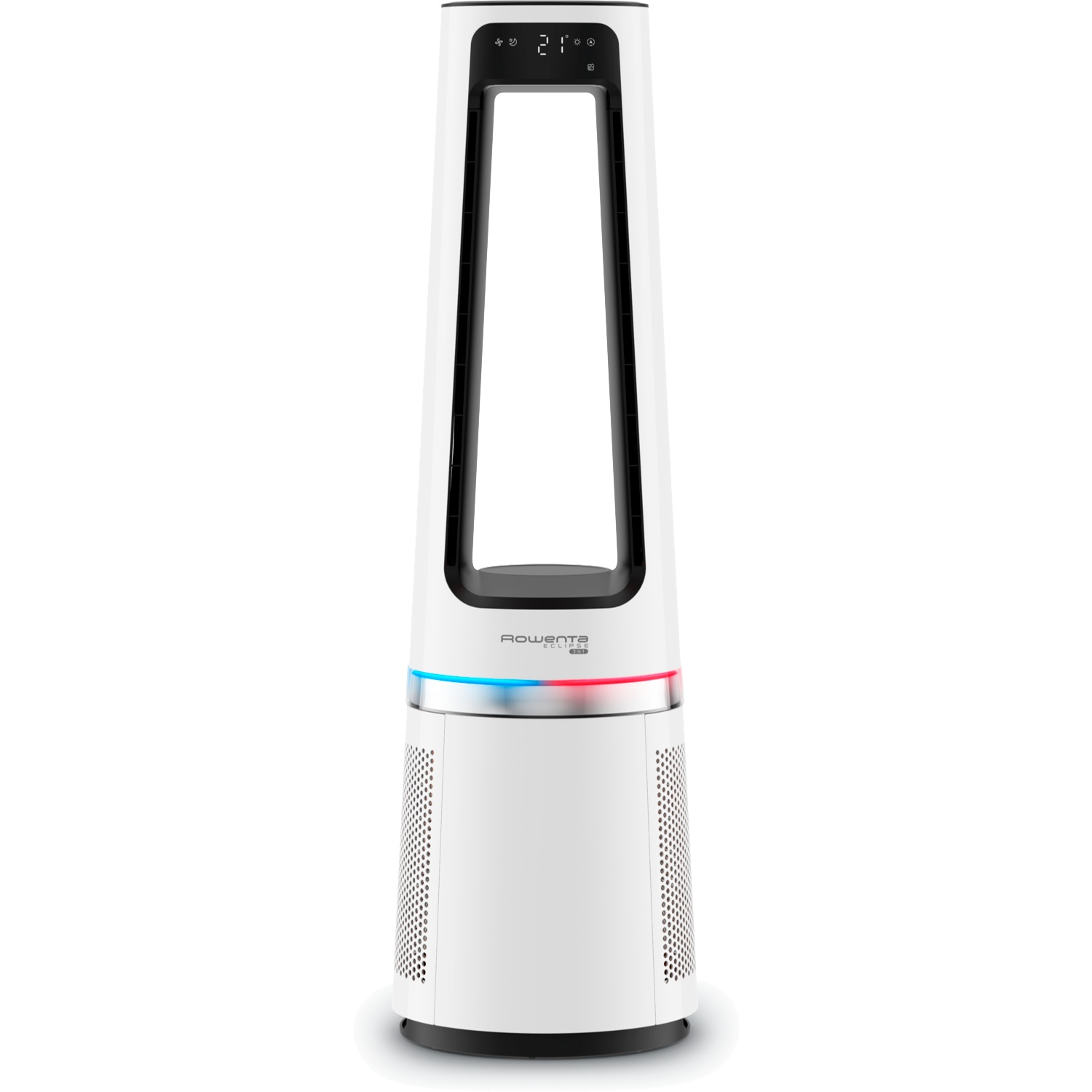 A white tower fan with black accents and a digital display.