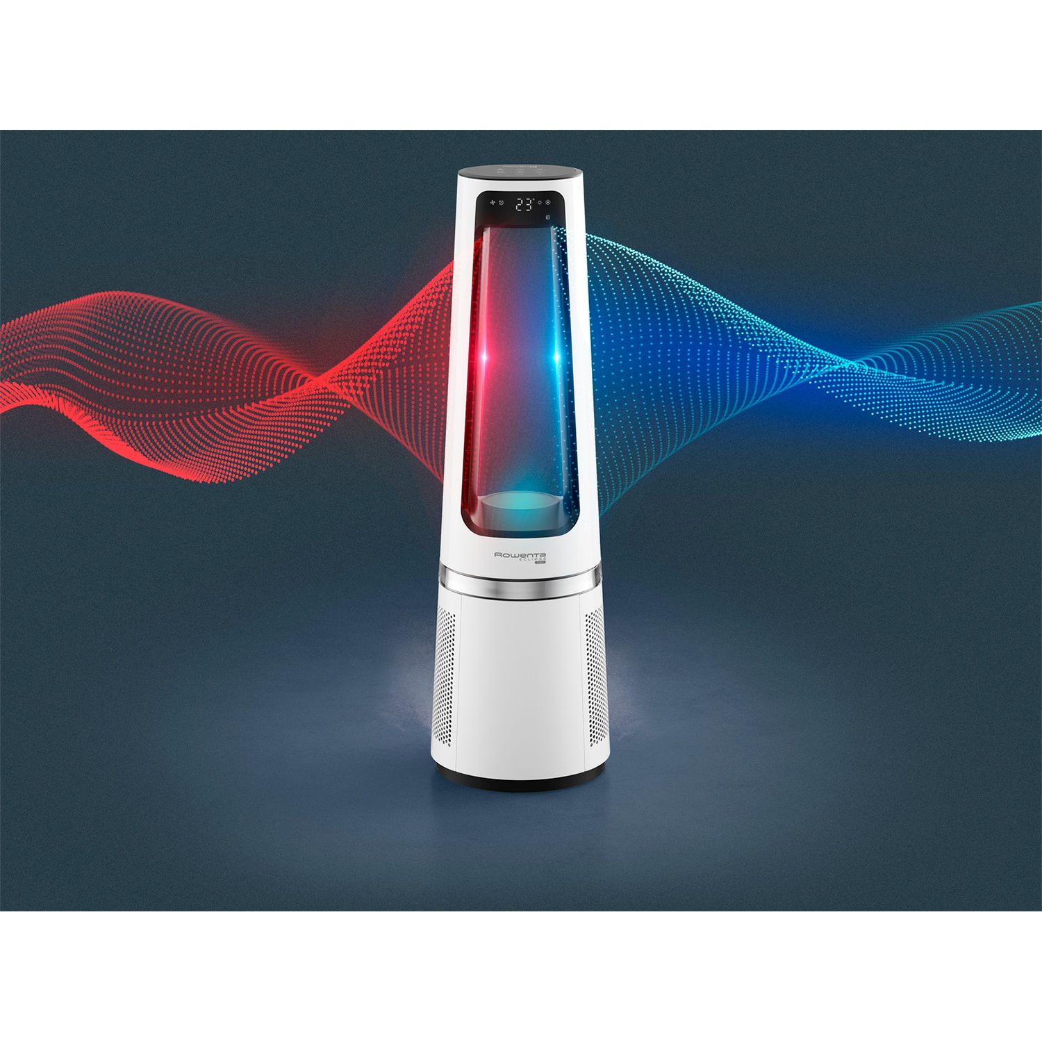 A white tower fan with red and blue wave graphics on either side.