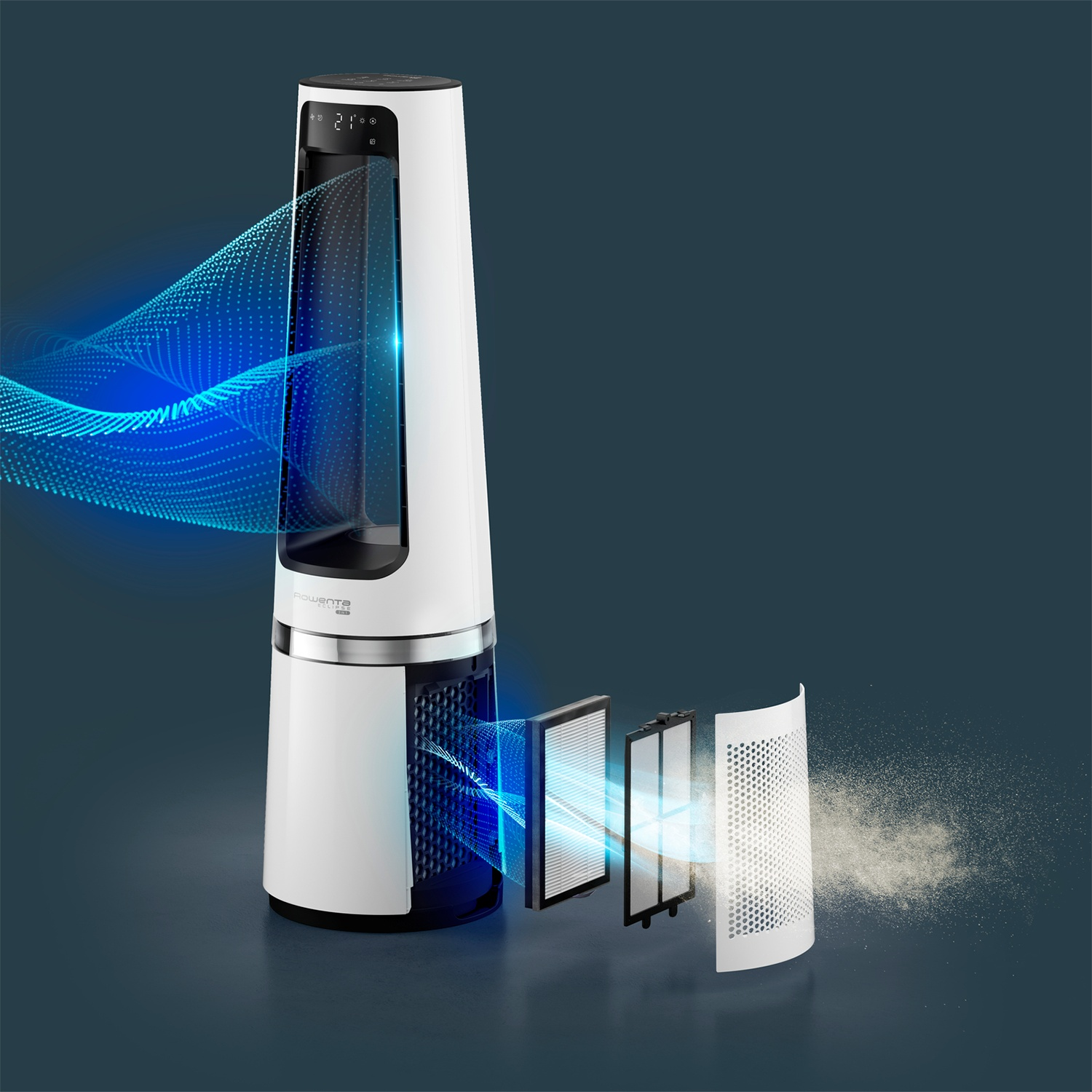 A white air purifier shows its filters and airflow visualization.