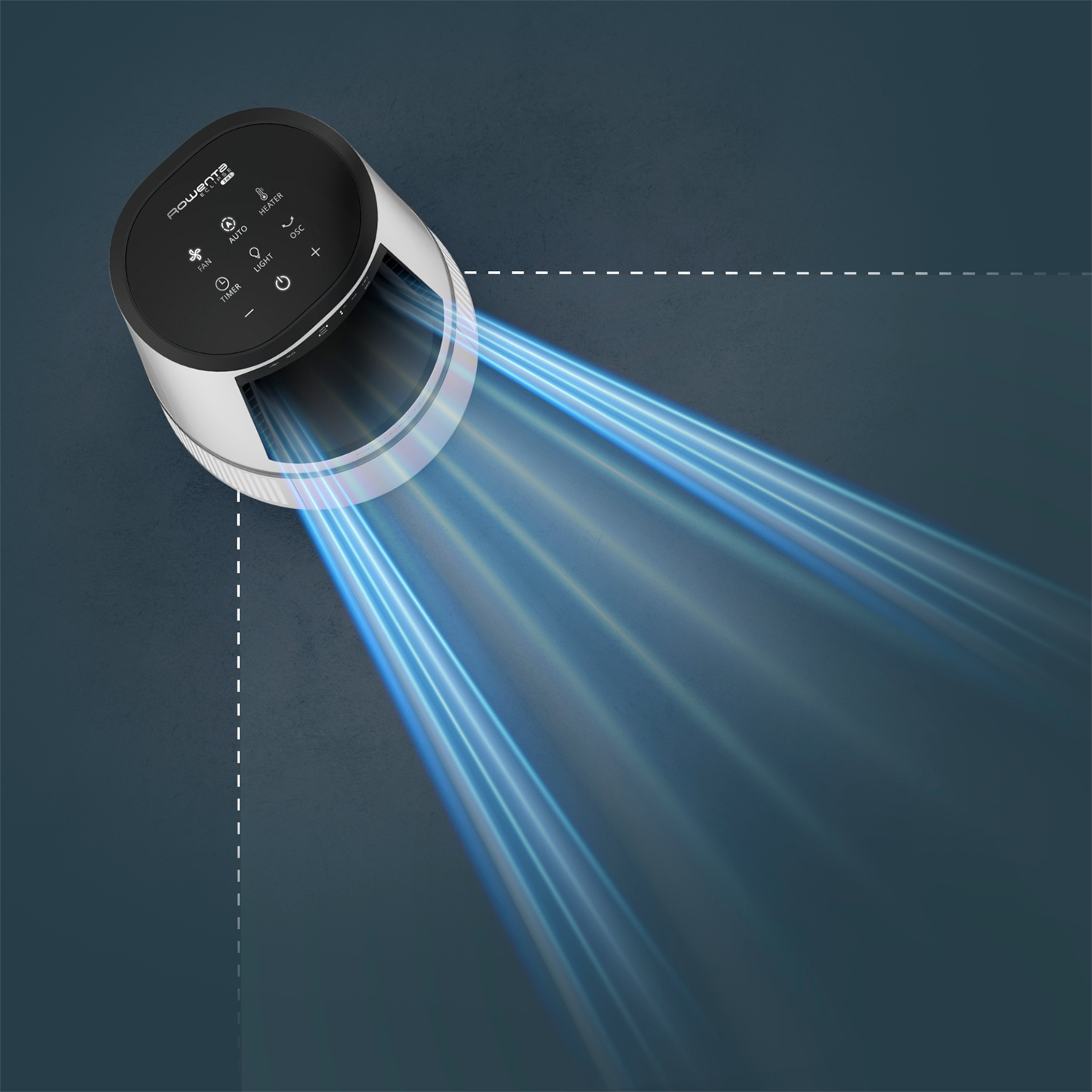 A white fan with silver accents blows blue air streams.