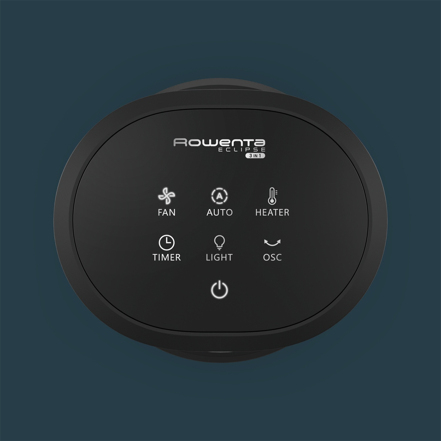 Black control panel with icons for fan, auto, heater, timer, light, and oscillation.
