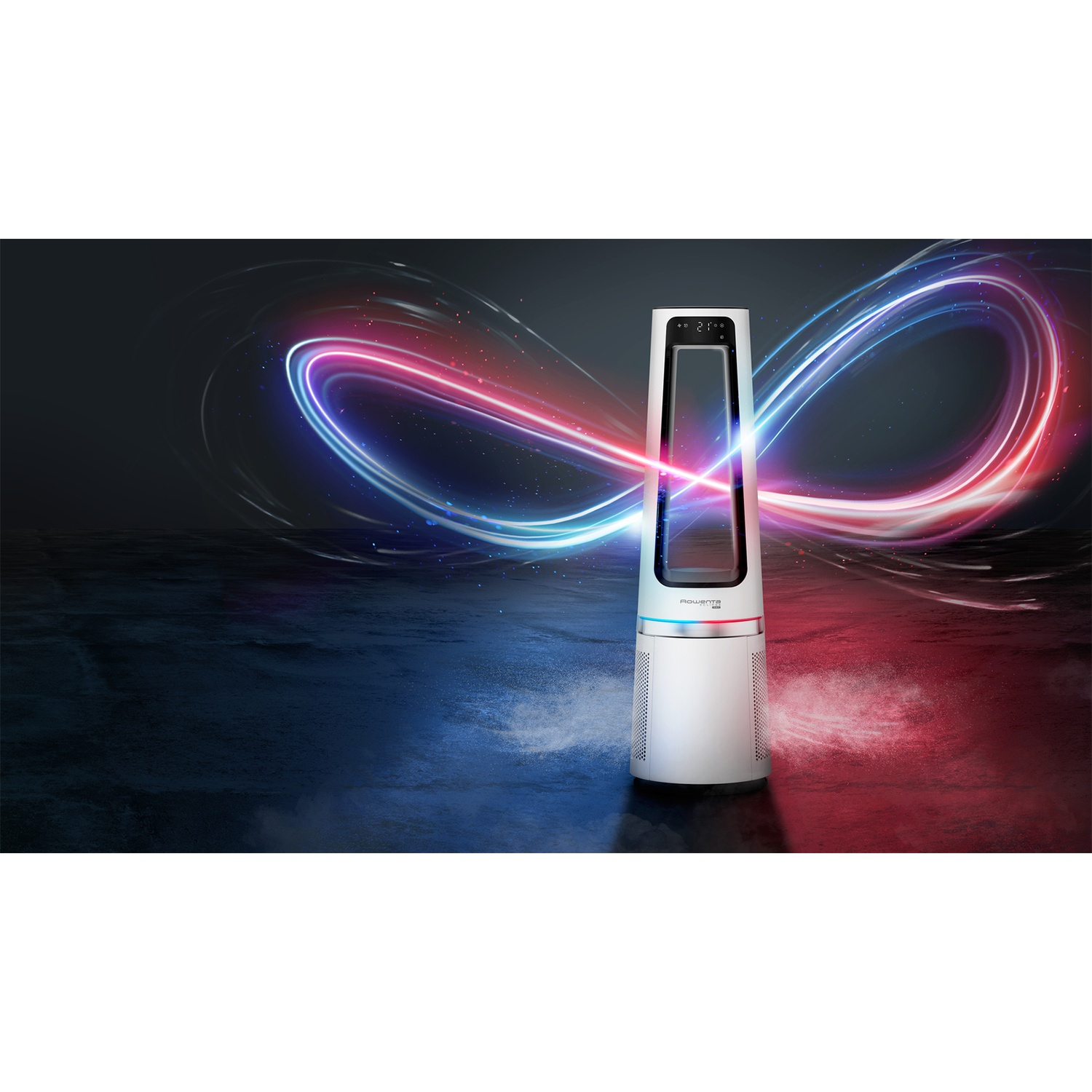 A white tower fan with blue and red light trails behind it on a dark floor.