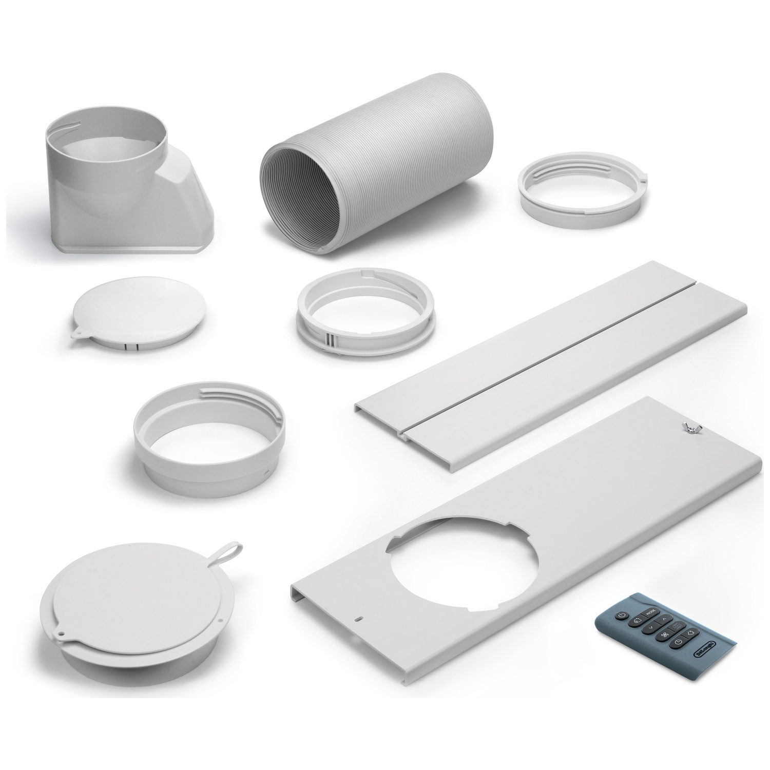 Accessoires blancs pour climatiseur : tuyau, adaptateur, plaque fenêtre et télécommande.