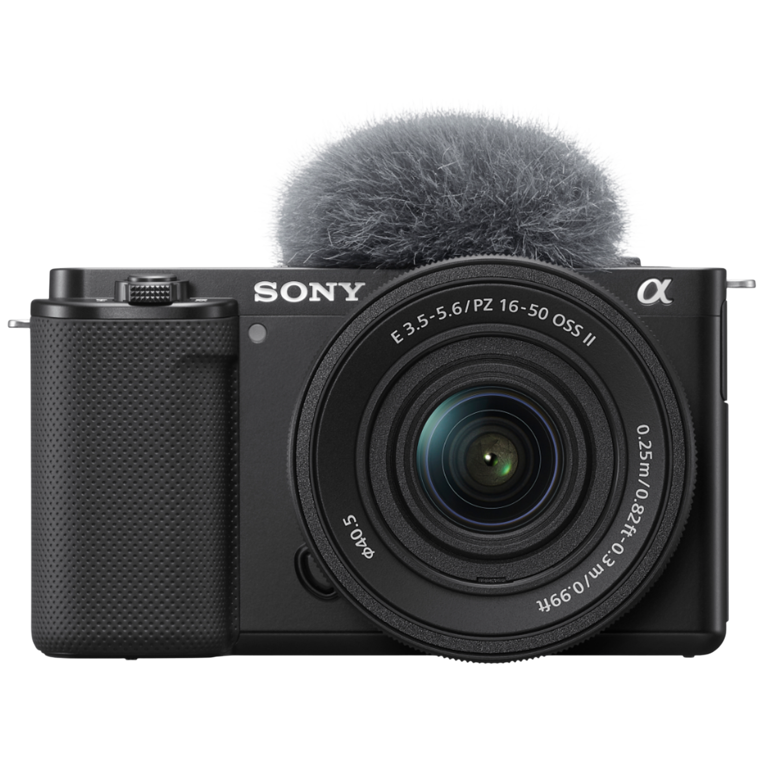 Een zwarte Sony camera met lens en microfoonopzetstuk.