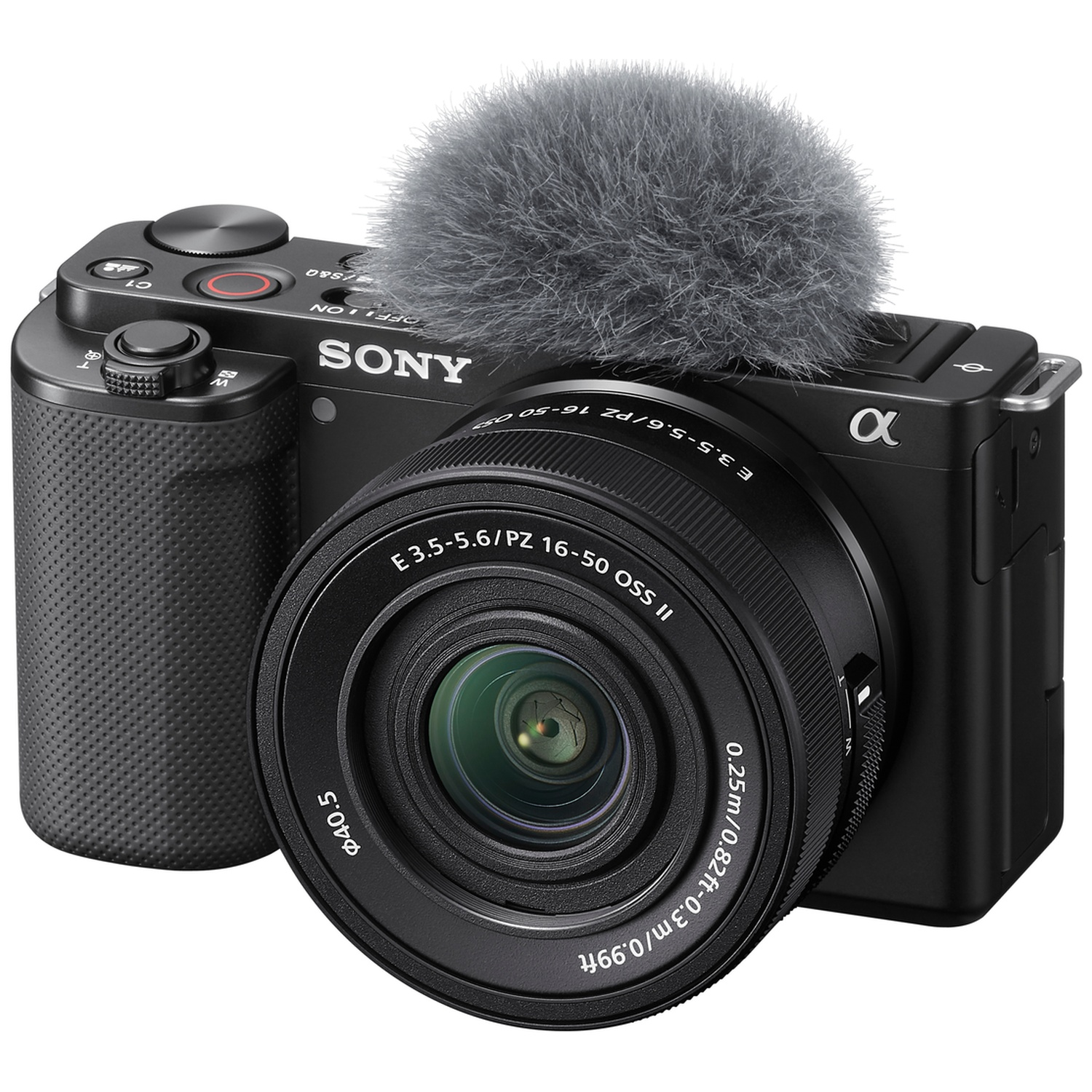 Een zwarte Sony Alpha camera met lens en windkap.