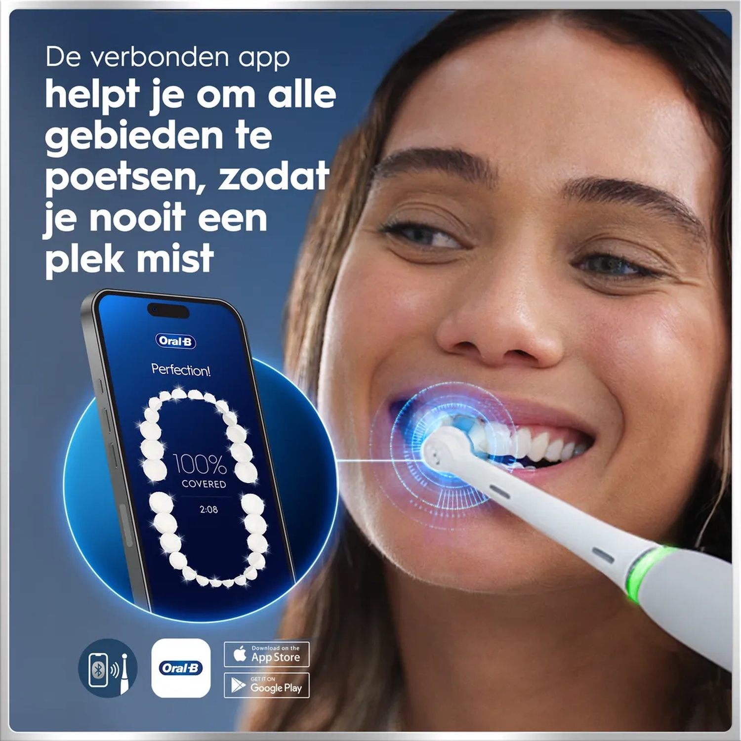 A woman brushes her teeth with an electric toothbrush connected to an app.