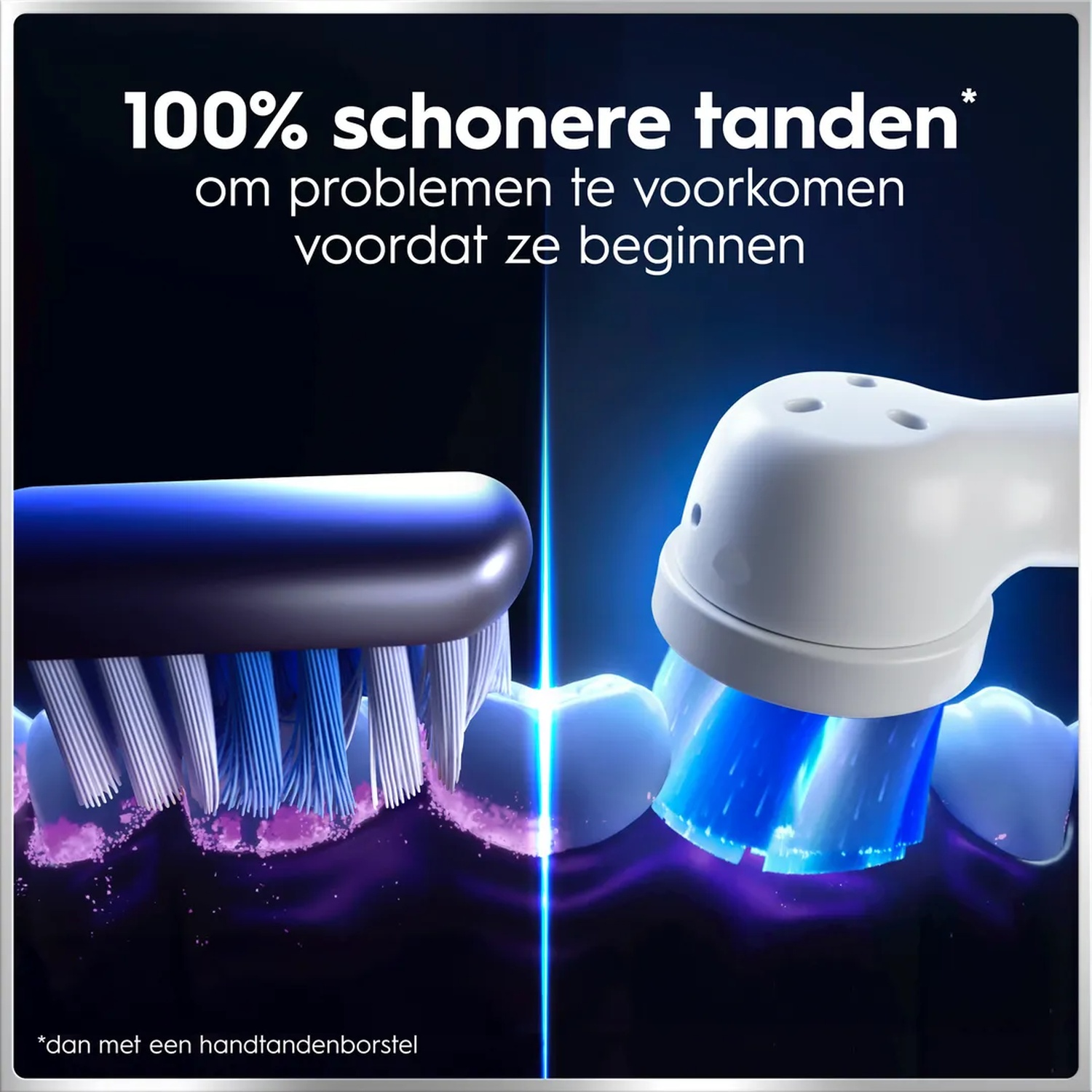 Electric toothbrush cleans teeth, purple particles and blue light.