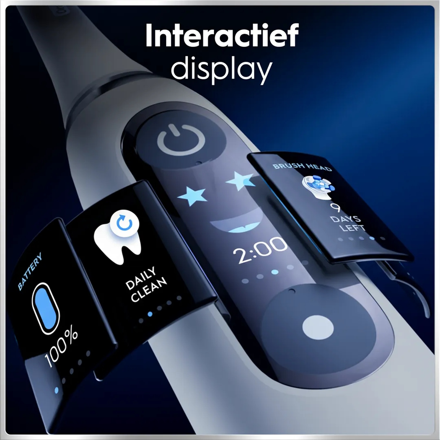 Electric toothbrush with interactive display: Battery 100%, Daily Clean, 9 days brush head.
