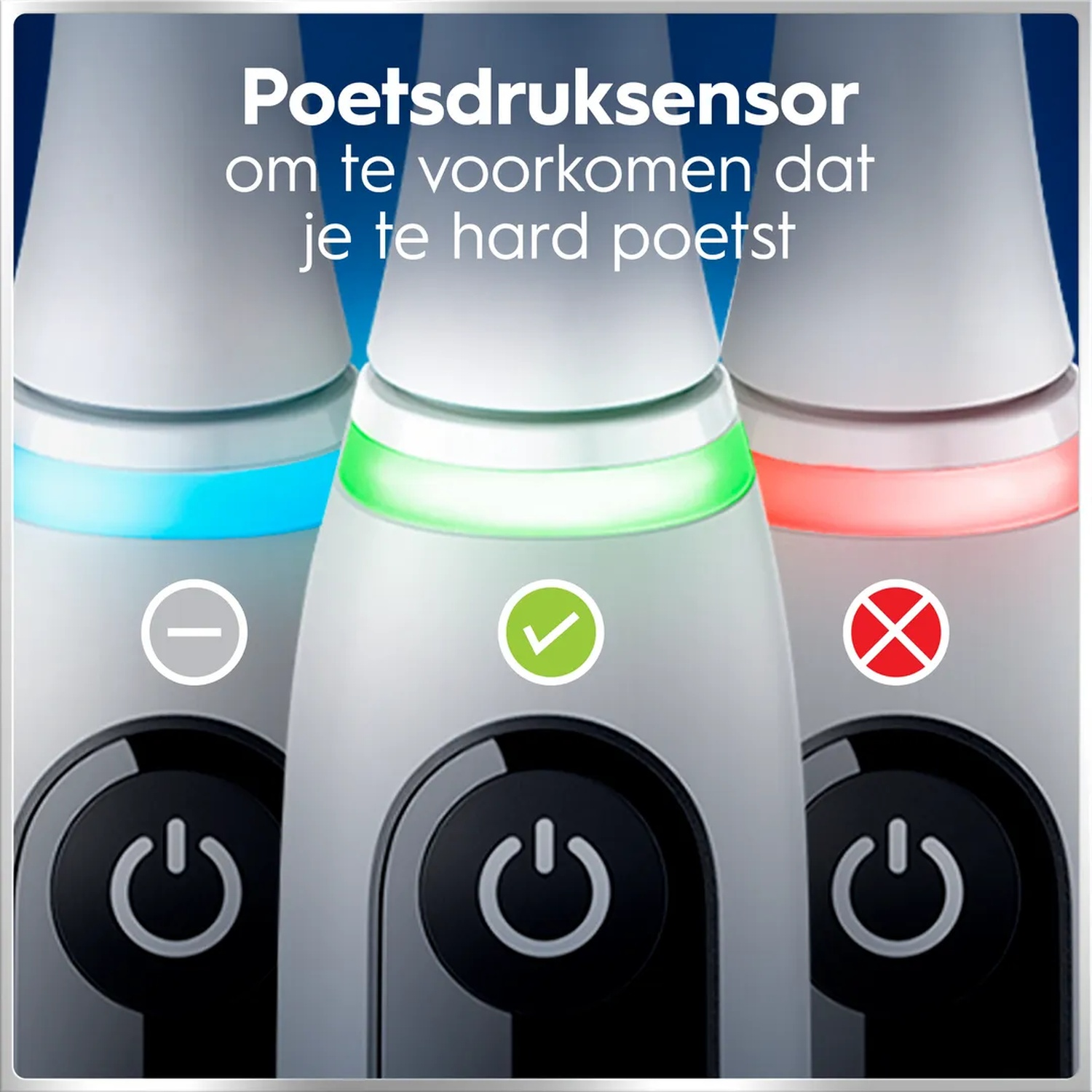 Three toothbrushes with colored lights: blue, green, and red.