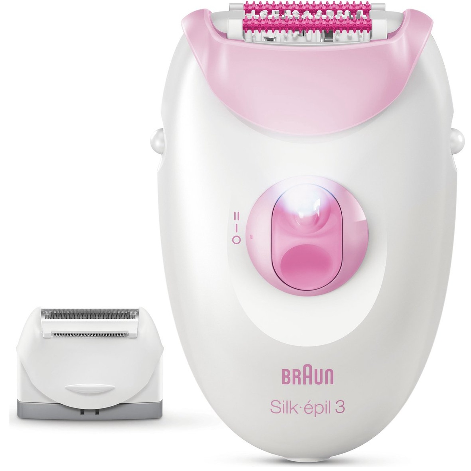 Een witte Braun epilator met roze accenten en een opzetstuk.