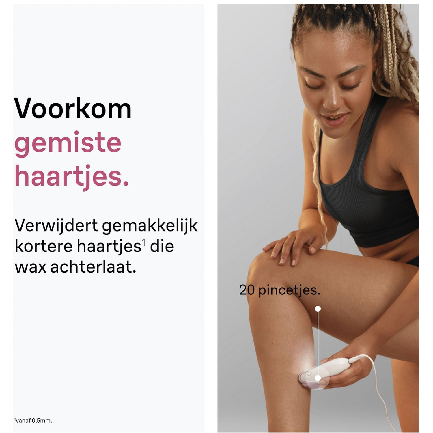Een vrouw gebruikt een epilator op haar been. Tekst: Voorkom gemiste haartjes.