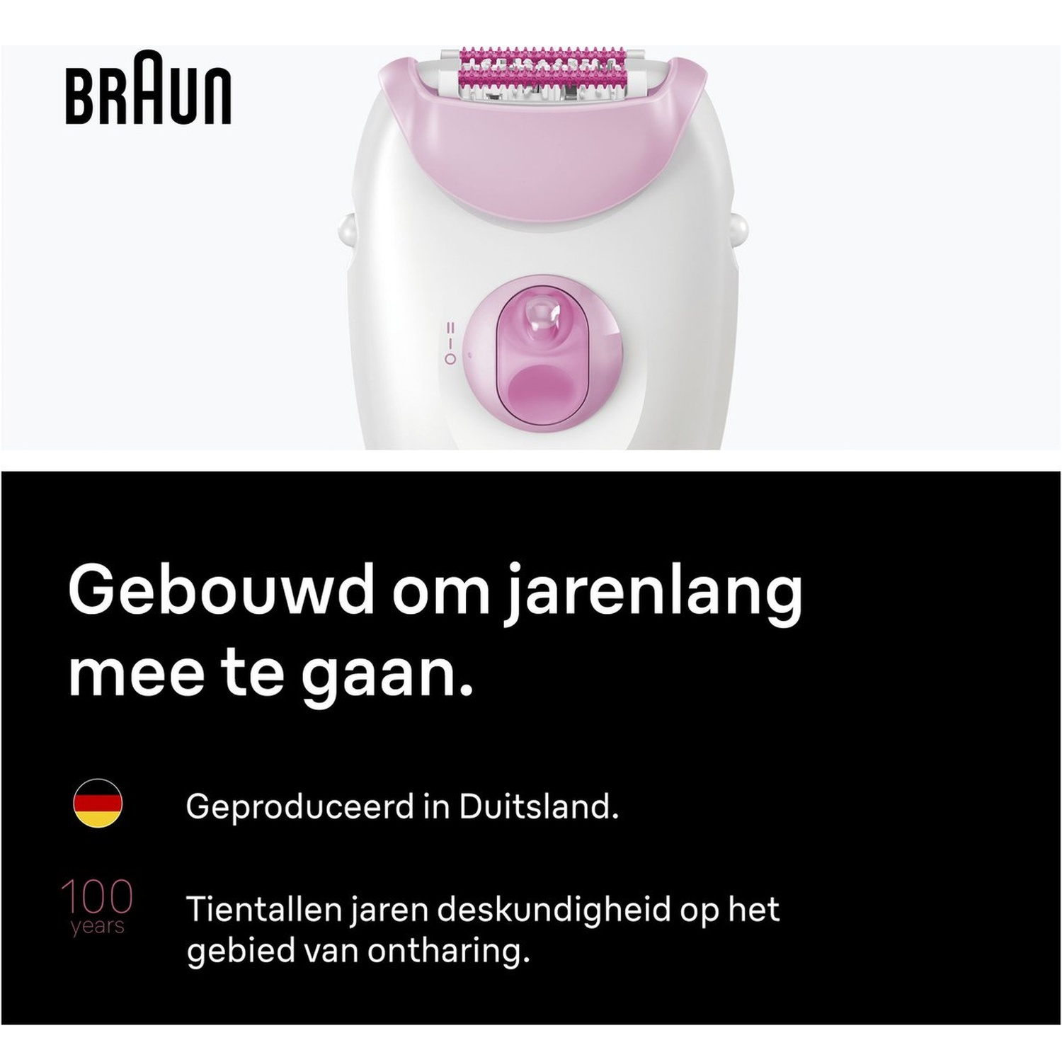 Braun epilator, wit en roze, in Duitsland gemaakt met 100 jaar expertise.