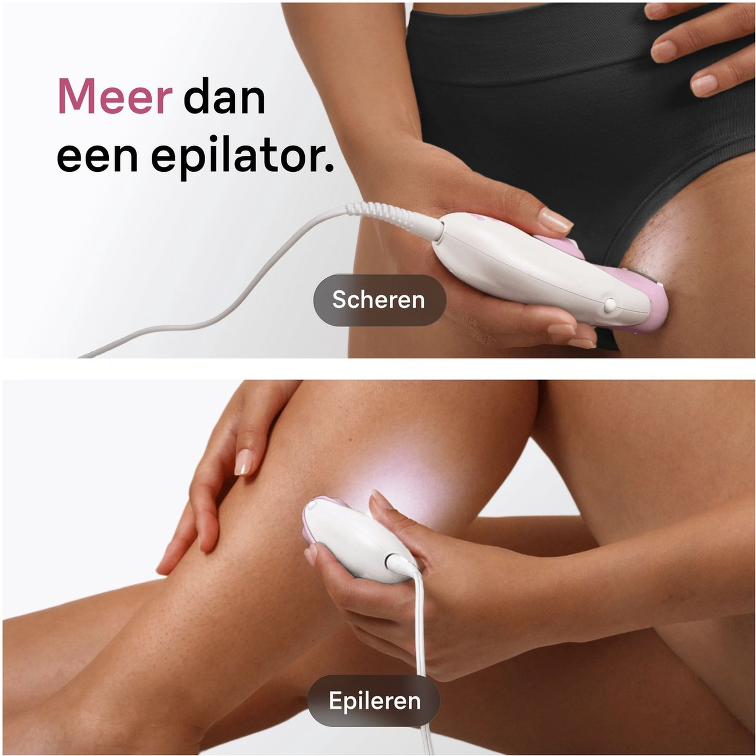 Een vrouw epileert en scheert haar benen en bikinilijn met een epileerapparaat.