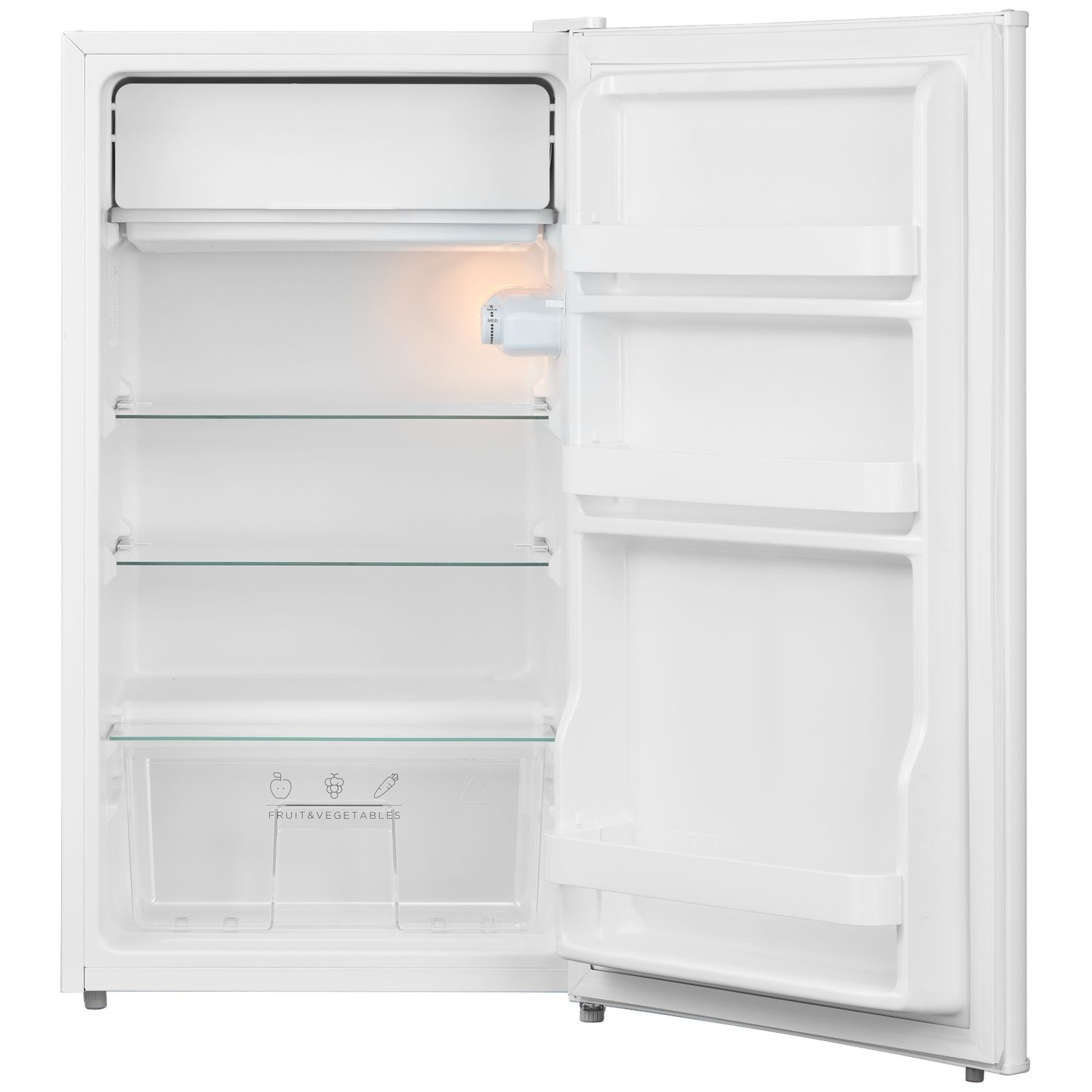 An empty white refrigerator with its door open, featuring glass shelves.