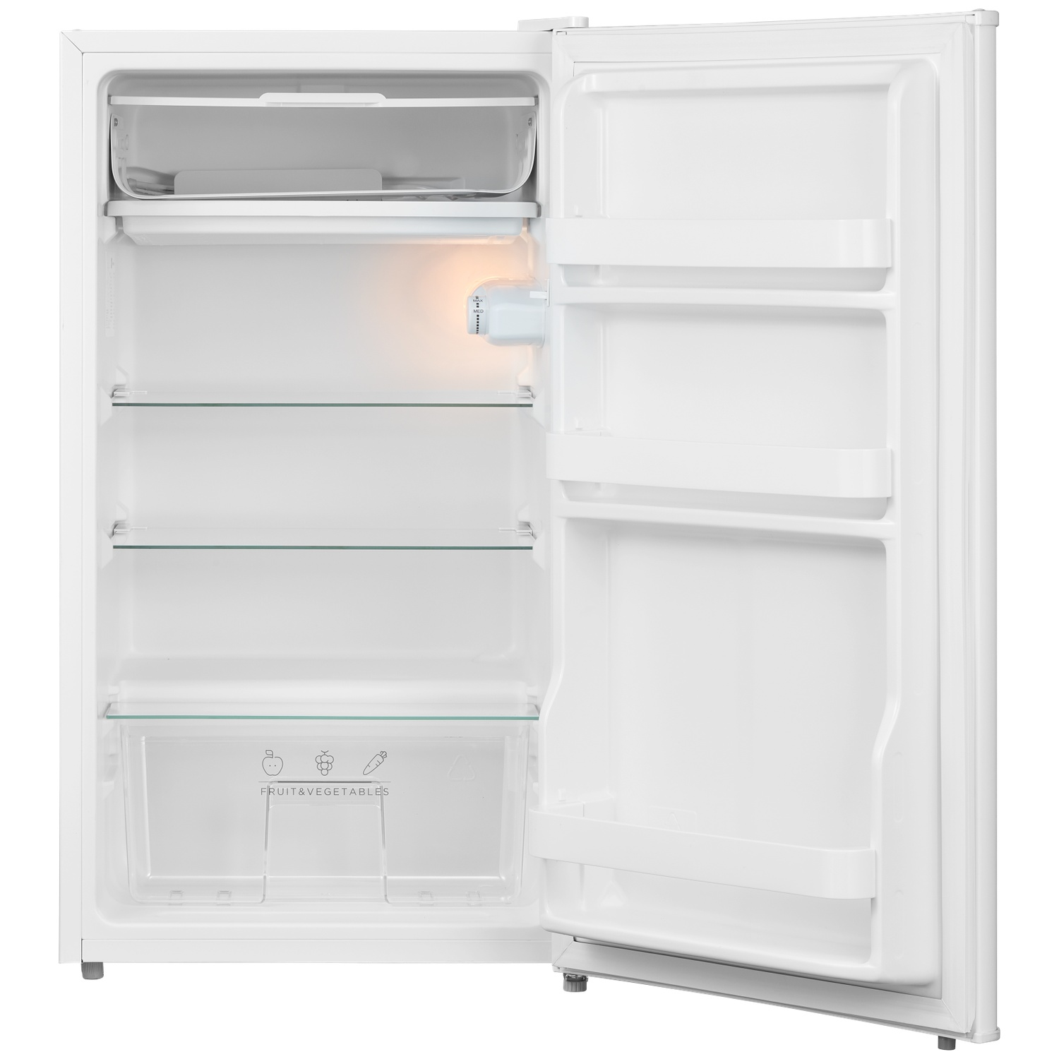 An empty white refrigerator with its door open, showing glass shelves.