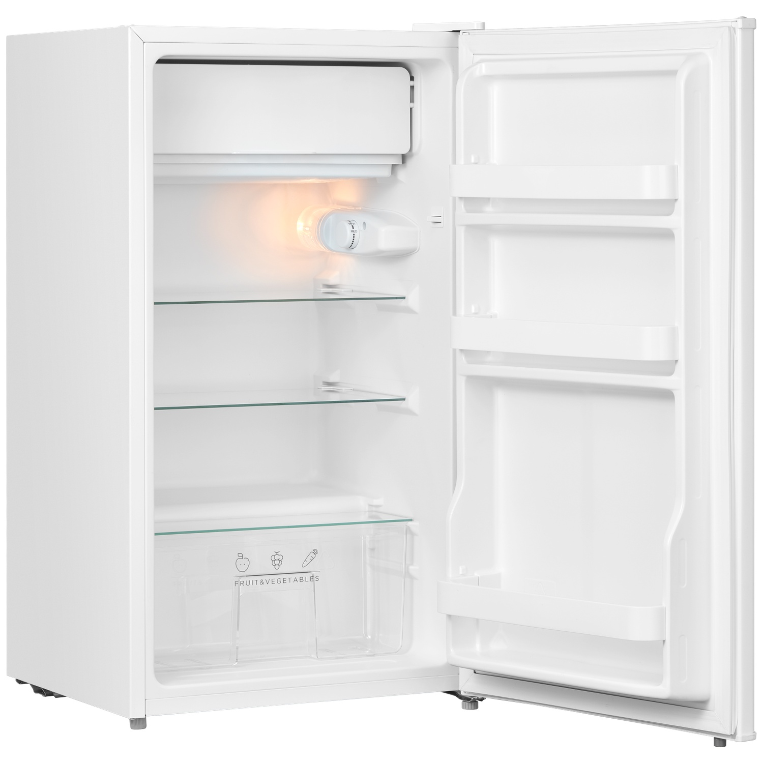 An open white refrigerator with glass shelves and a vegetable drawer.