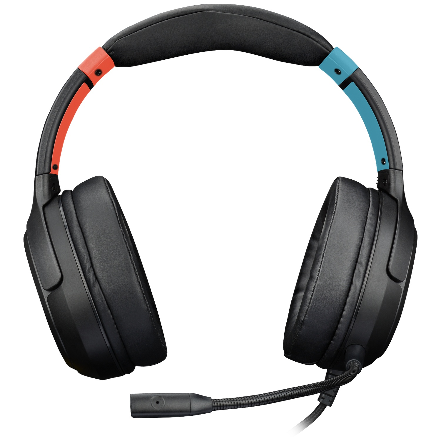 Black headphones with red and blue accents and a microphone.